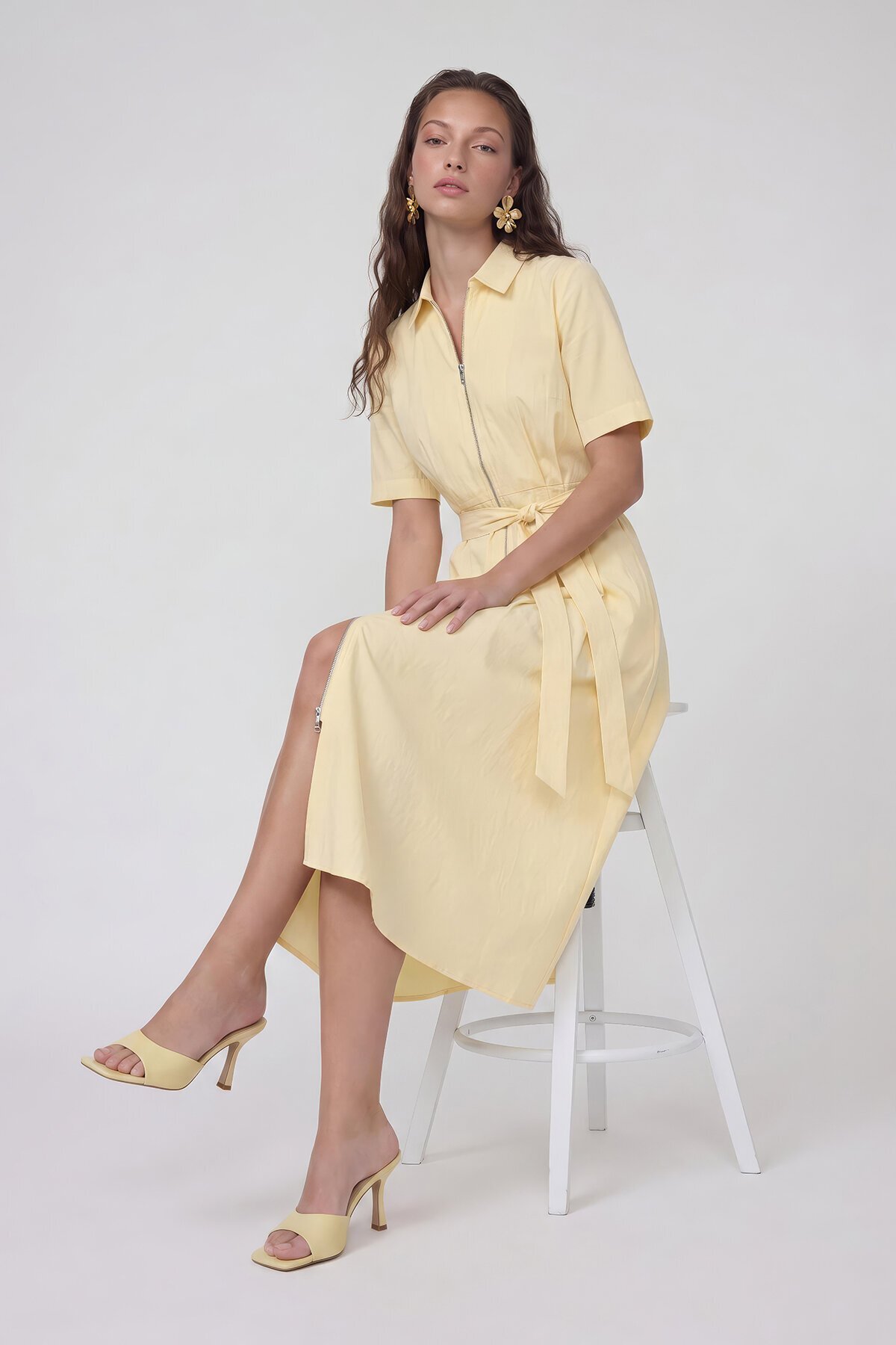 Fermuar Detaylı Belden Bağlamalı Midi Elbise