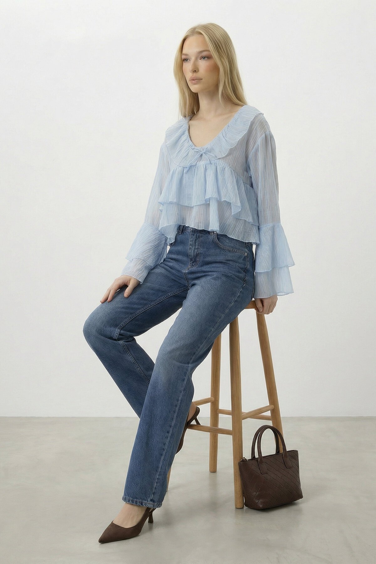 Fırfırlı Volan Kol Şifon Bluz