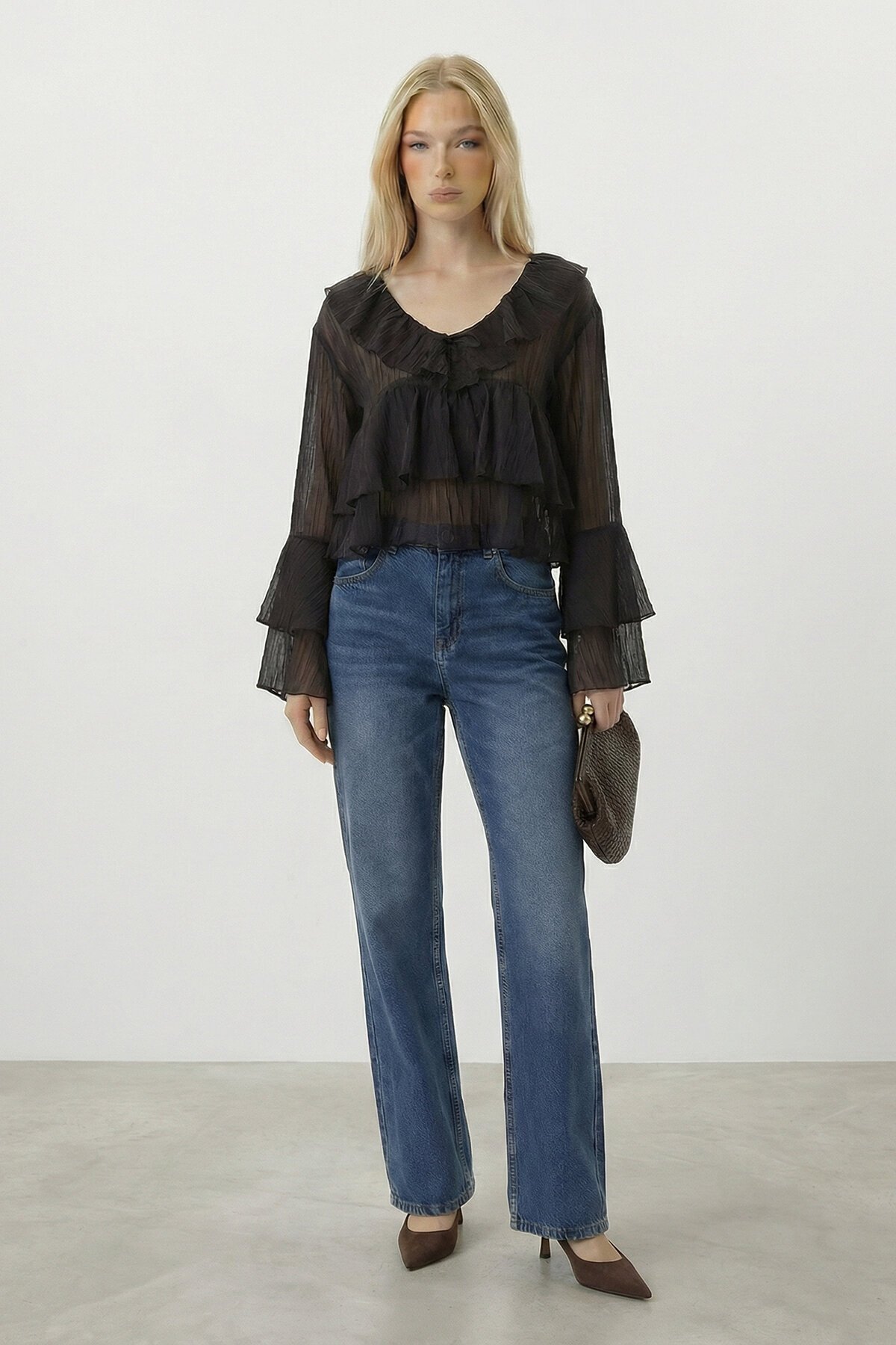 Fırfırlı Volan Kol Şifon Bluz