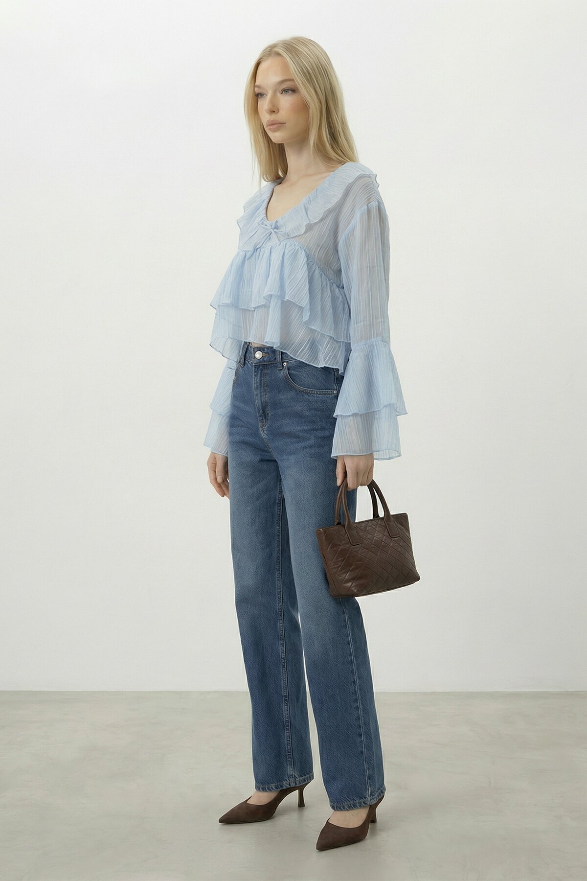 Fırfırlı Volan Kol Şifon Bluz