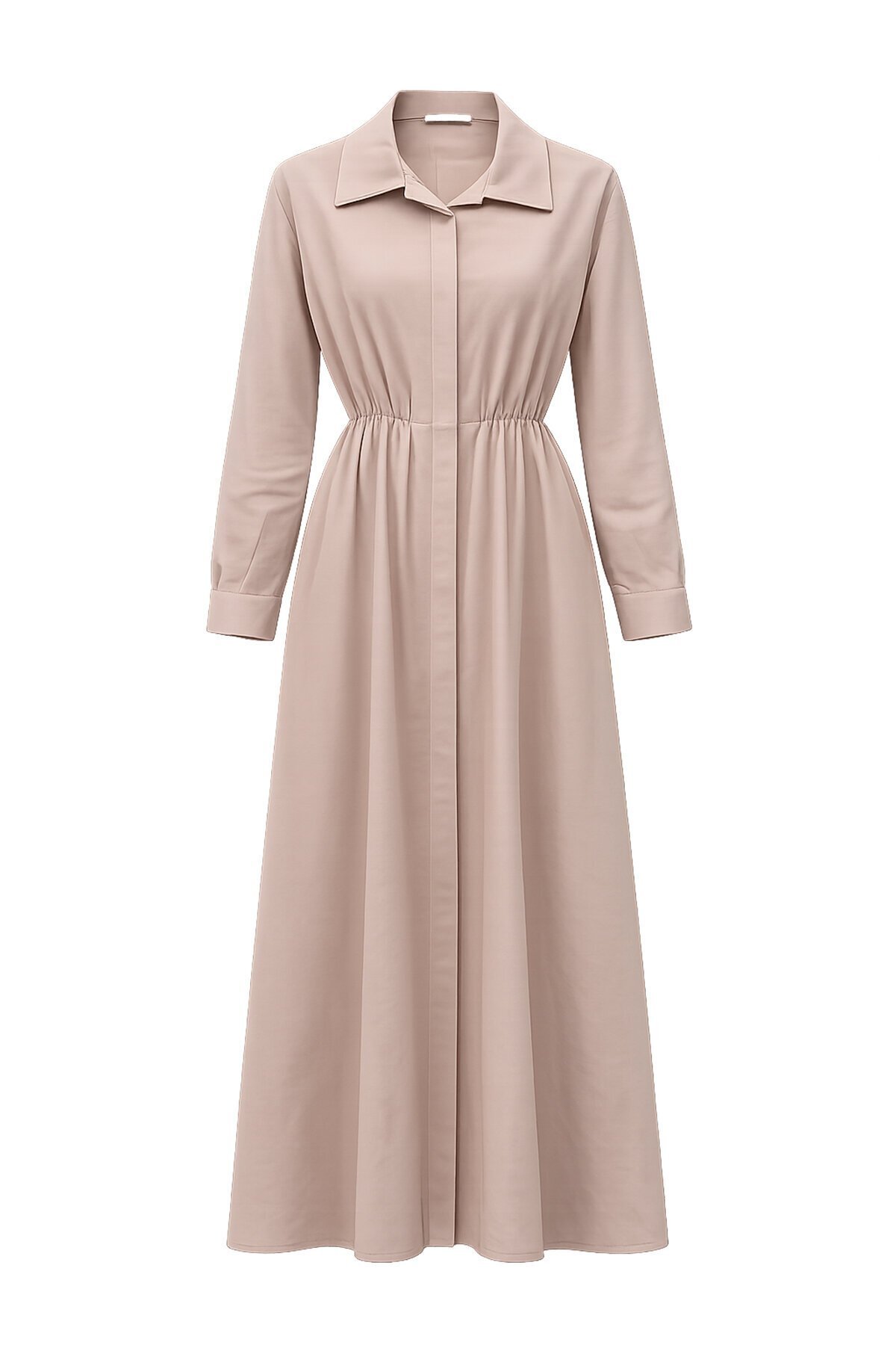 Gömlek Yaka Beli Lastikli Uzun Kol Midi Elbise