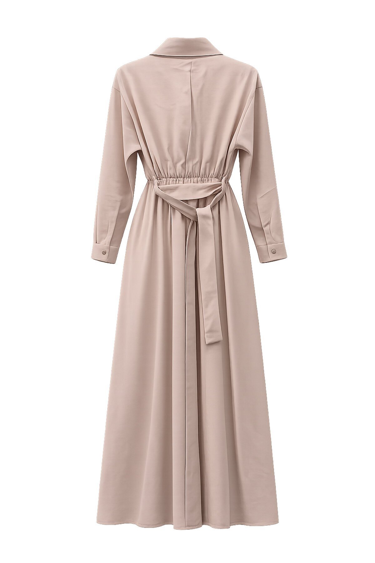 Gömlek Yaka Beli Lastikli Uzun Kol Midi Elbise