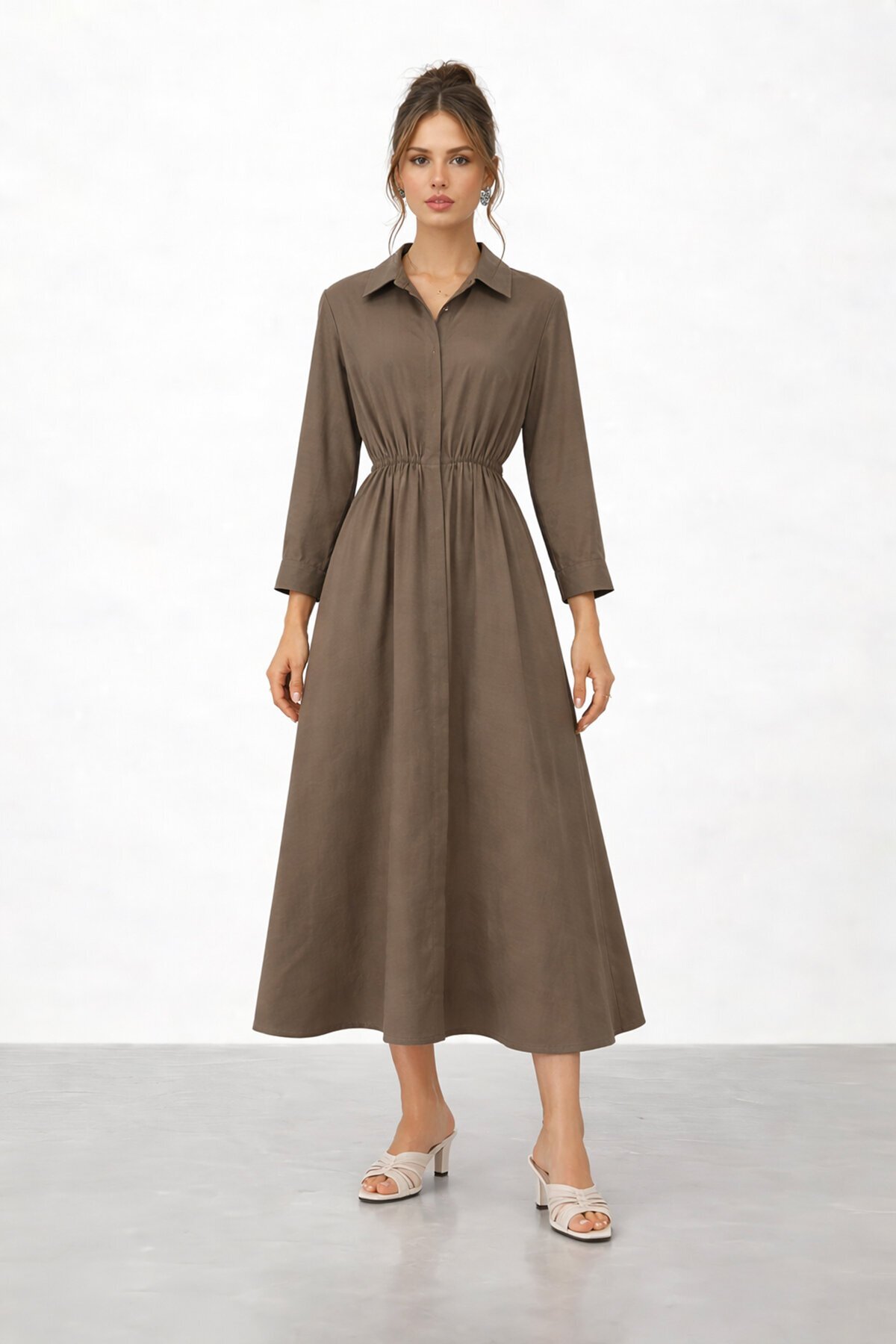 Gömlek Yaka Beli Lastikli Uzun Kol Midi Elbise