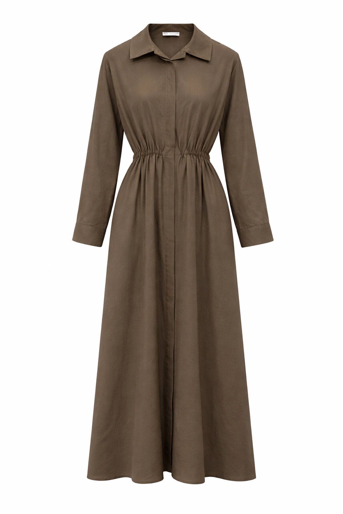 Gömlek Yaka Beli Lastikli Uzun Kol Midi Elbise