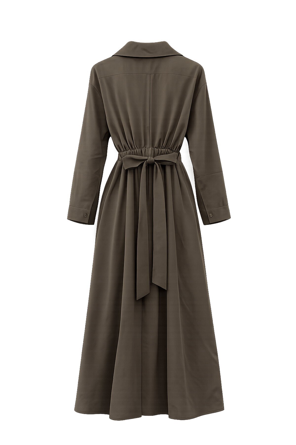 Gömlek Yaka Beli Lastikli Uzun Kol Midi Elbise