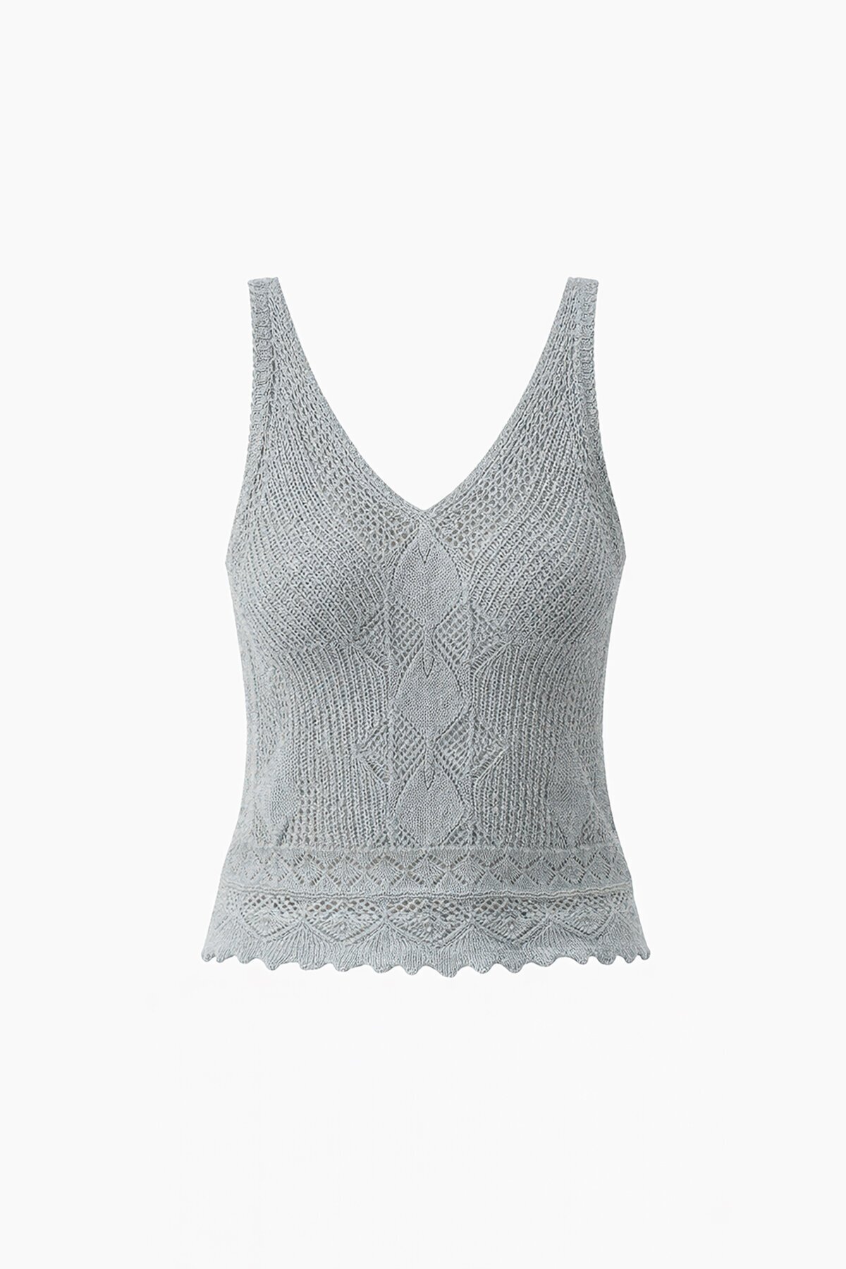 Gri Askılı Ajurlu Örme Crop Bluz