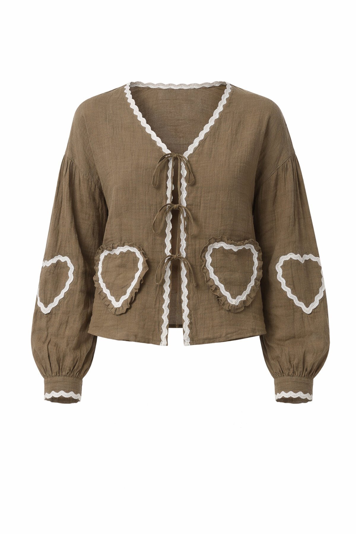 Haki Kalp Nakışlı Bağlamalı Mevsimlik Ceket