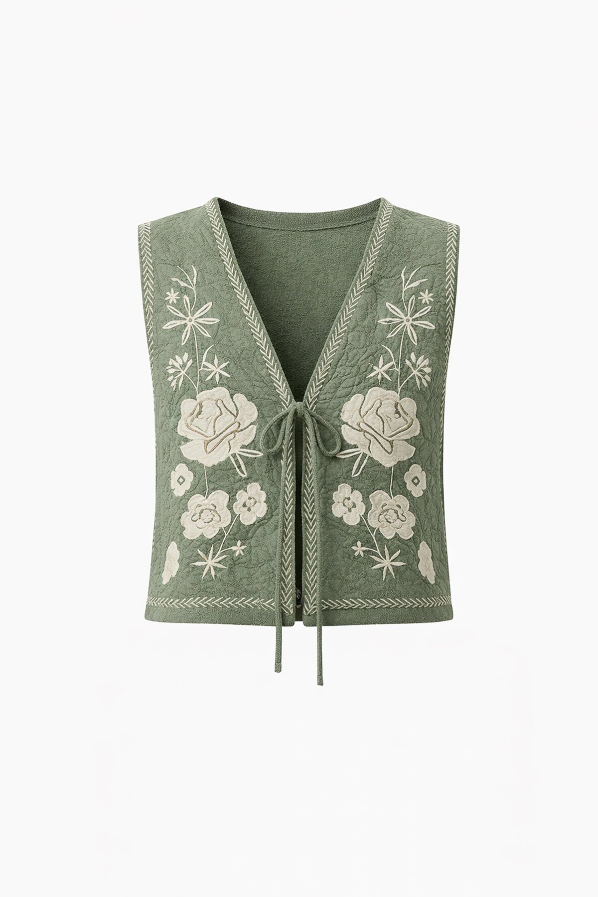 Haki Nakış Detaylı Astarlı Dokulu Crop Yelek