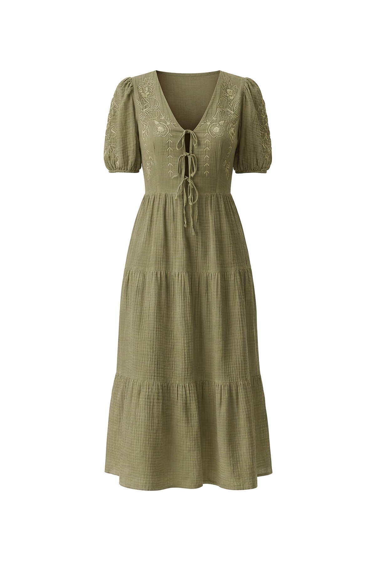 Haki Nakışlı Bağlama Detaylı Midi Boy Müslin Elbise