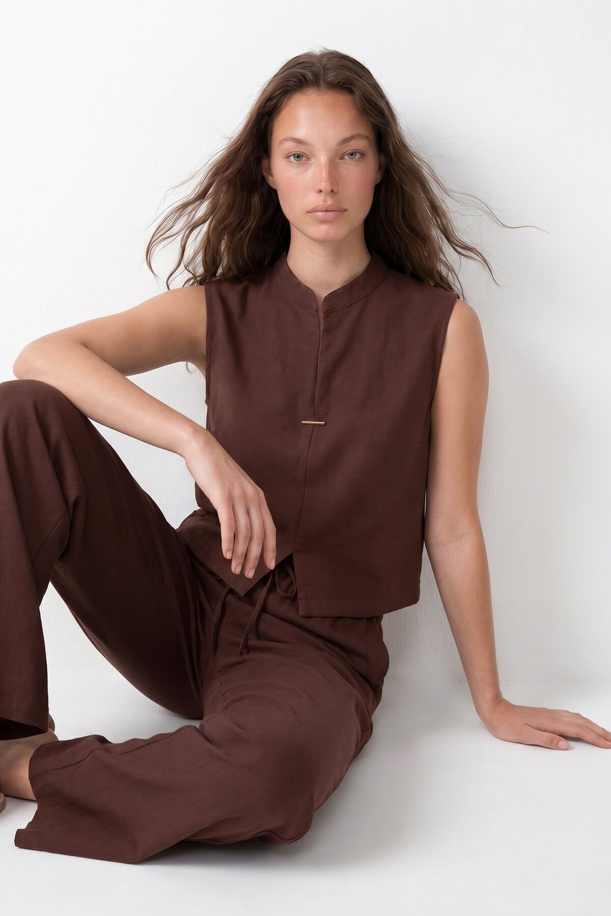 Hakim Yaka Kolsuz Bağlama Detaylı Bluz Ve beli Lastikli Çift Cepli Pantolon Takım