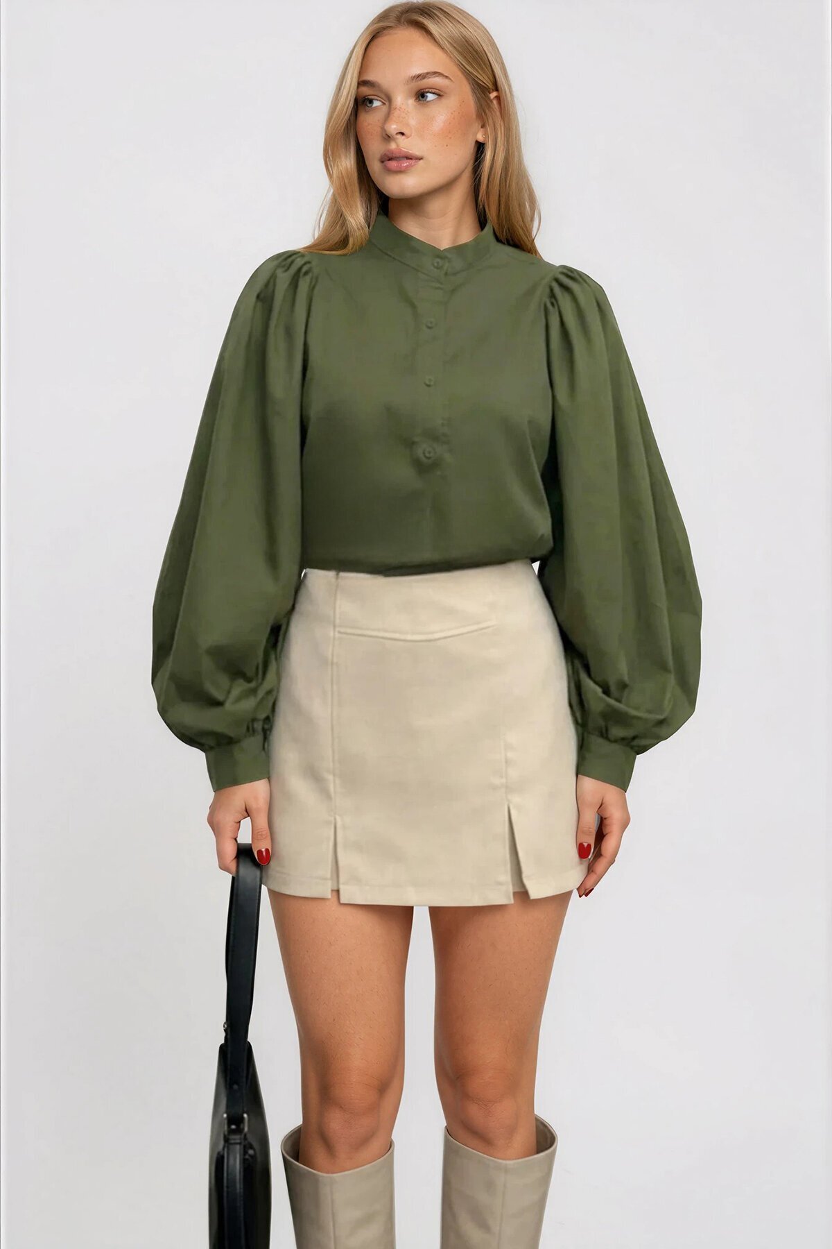 Hakim Yaka Önü Düğmeli Balon Kol Poplin Dokuma Gömlek