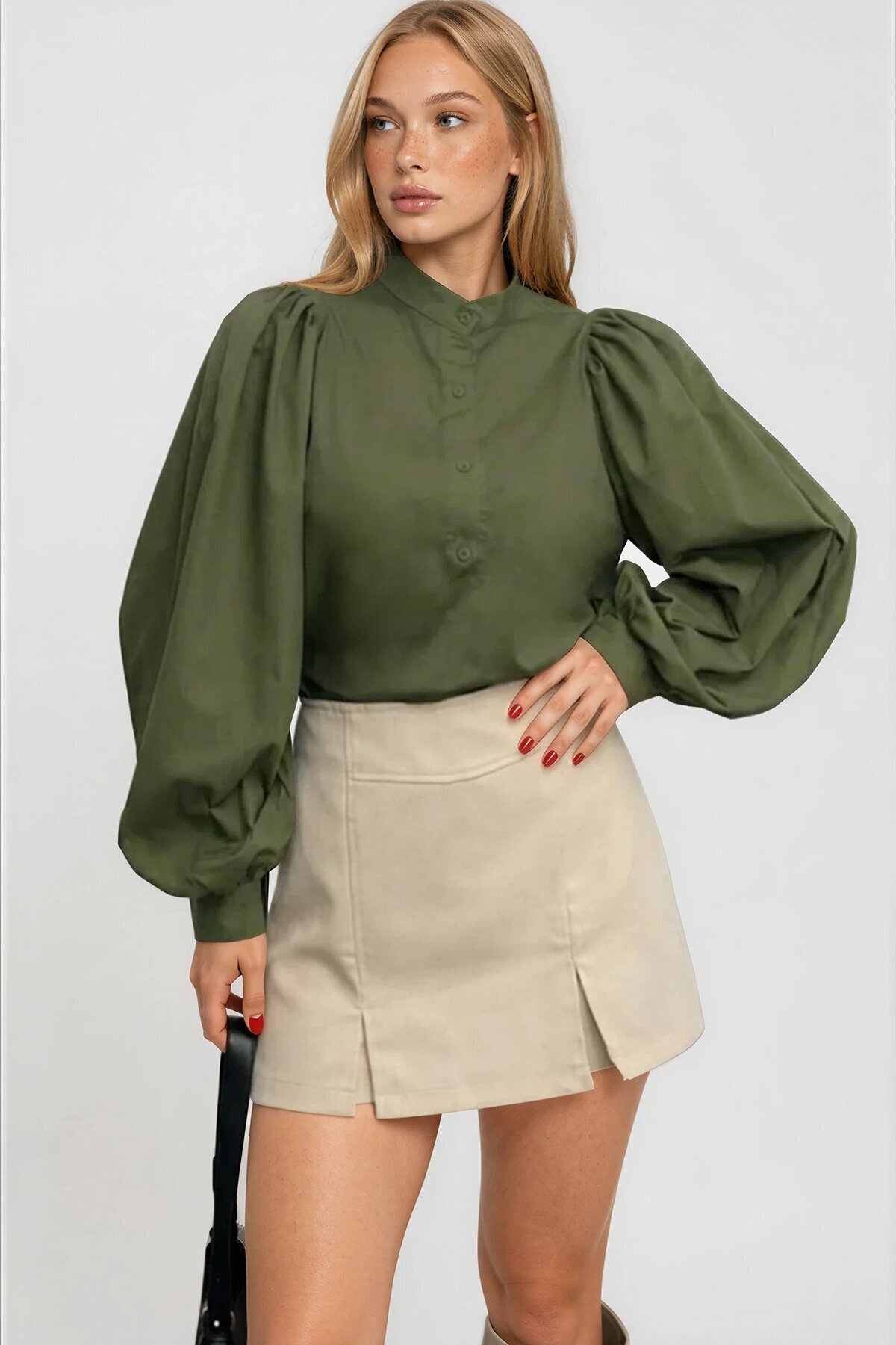 Hakim Yaka Önü Düğmeli Balon Kol Poplin Dokuma Gömlek