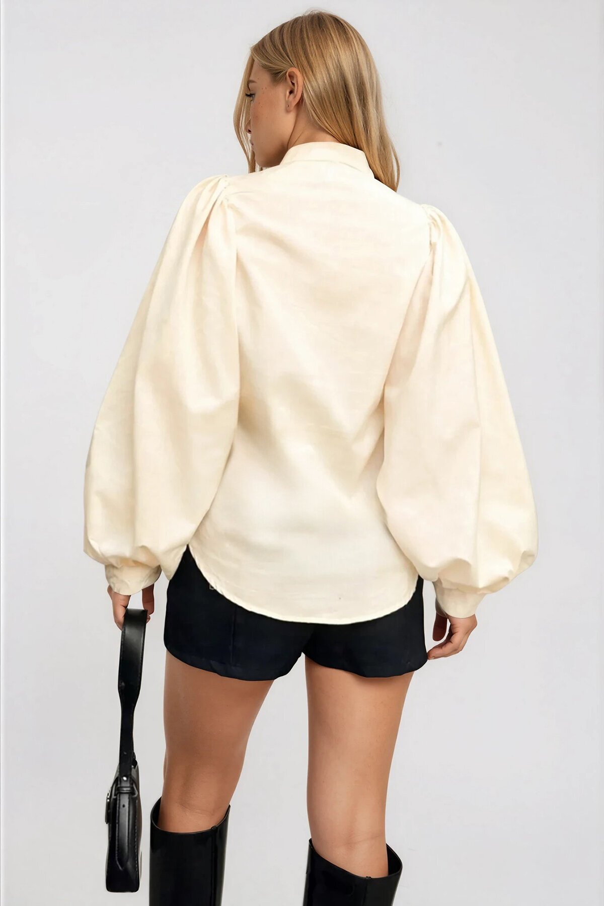 Hakim Yaka Önü Düğmeli Balon Kol Poplin Dokuma Gömlek