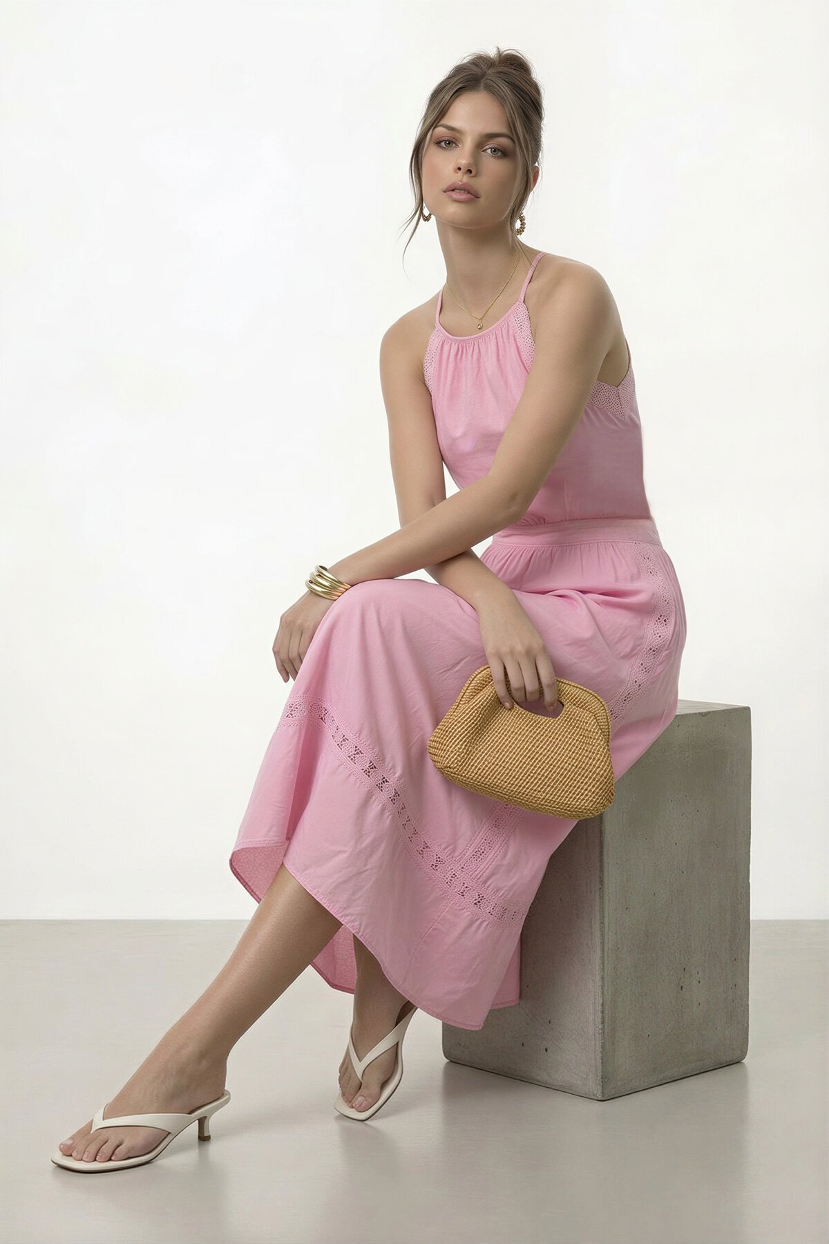 Halter Yaka Dantel Detaylı Midi Elbise