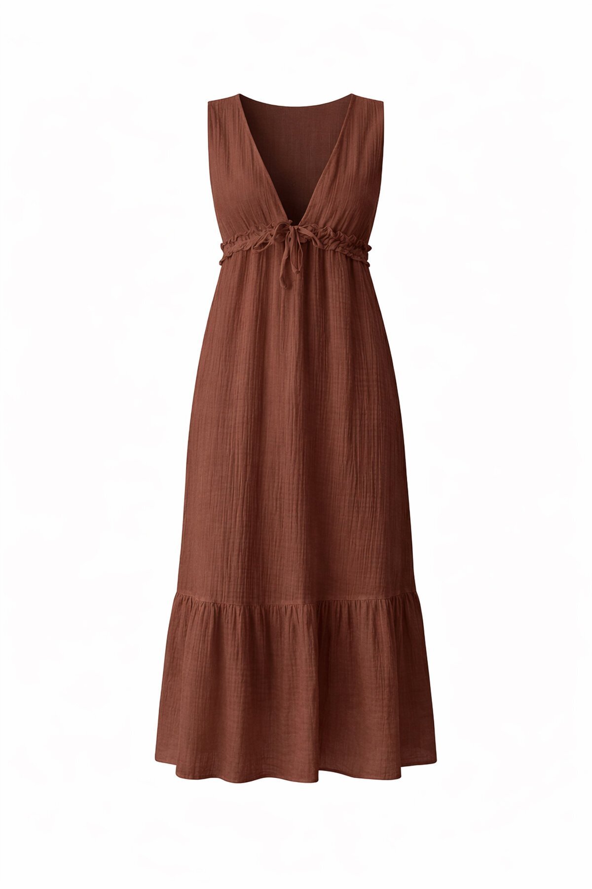 Kahverengi V Yaka Fırfır Detaylı Astarlı Müslin Elbise