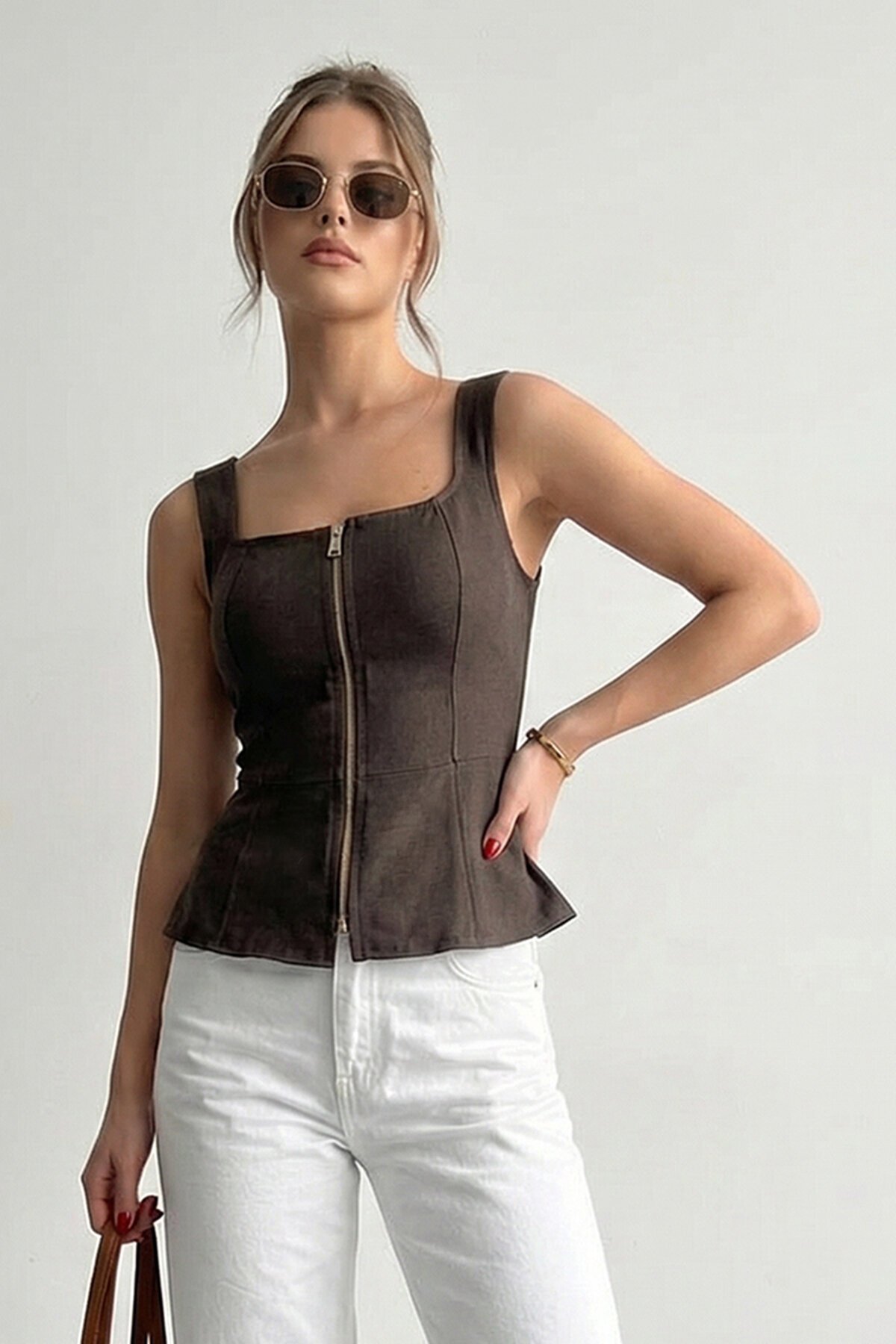 Kare Yaka Fermuarlı Denim Bluz