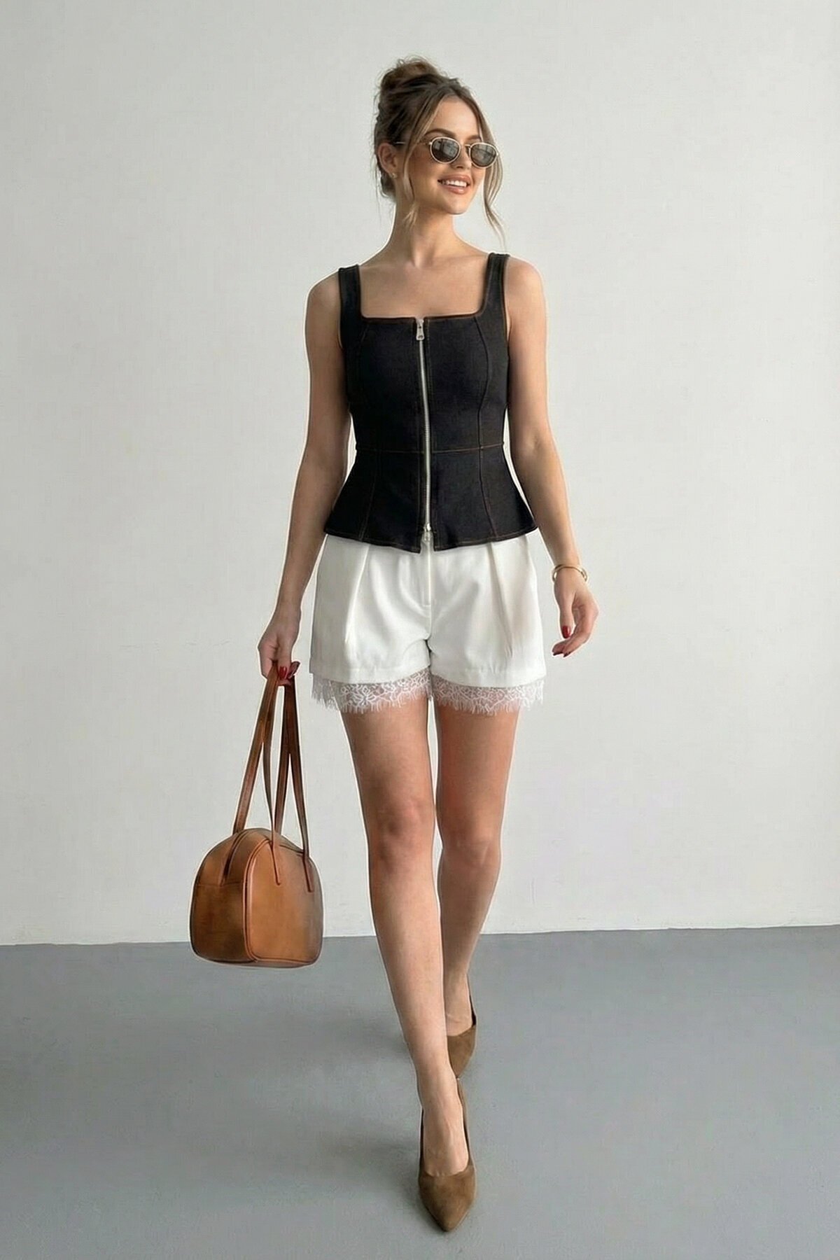 Kare Yaka Fermuarlı Denim Bluz