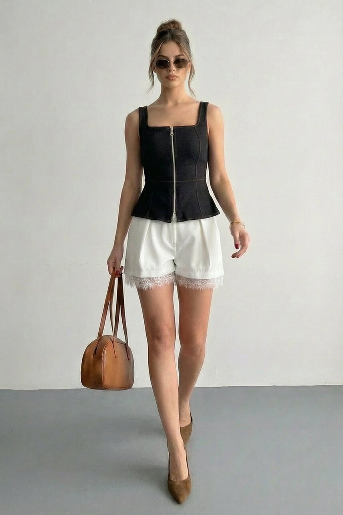 Kare Yaka Fermuarlı Denim Bluz