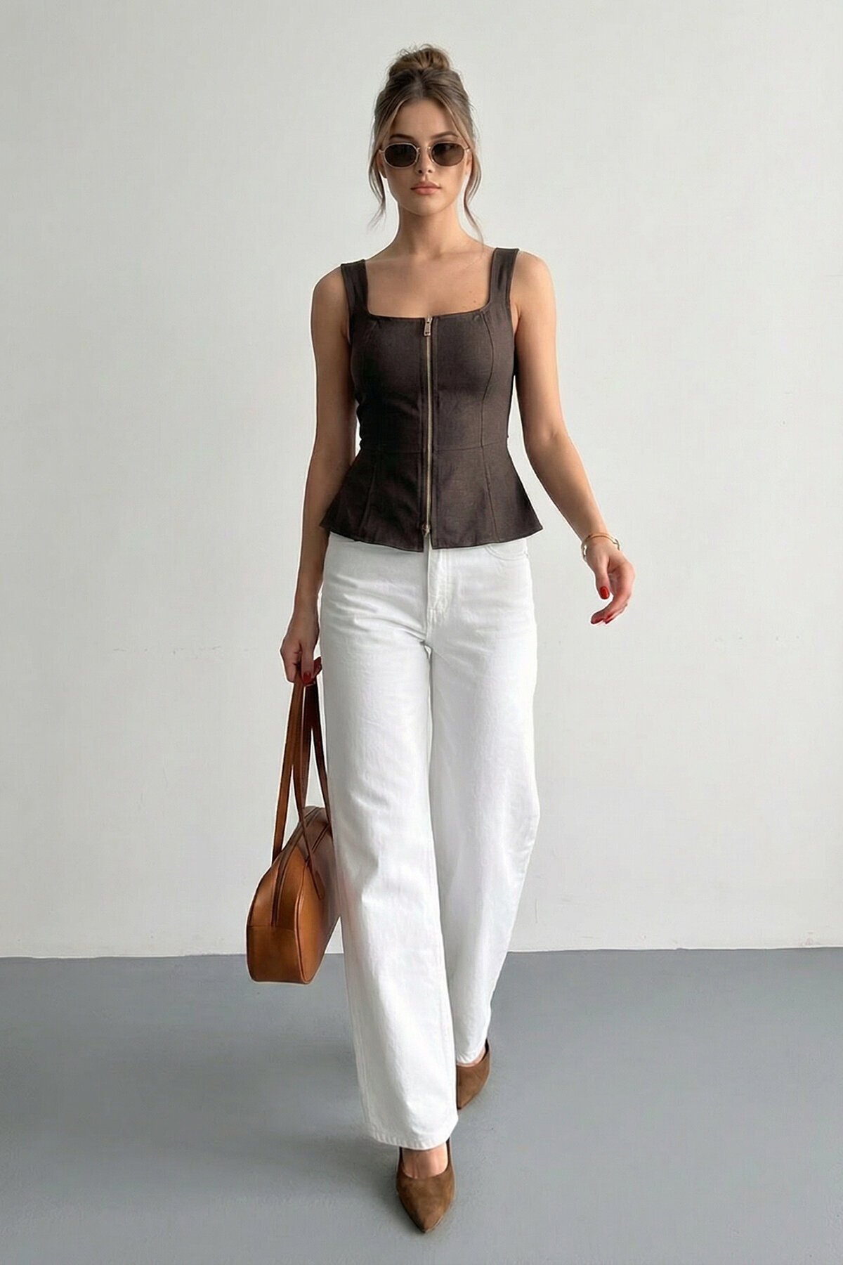 Kare Yaka Fermuarlı Denim Bluz