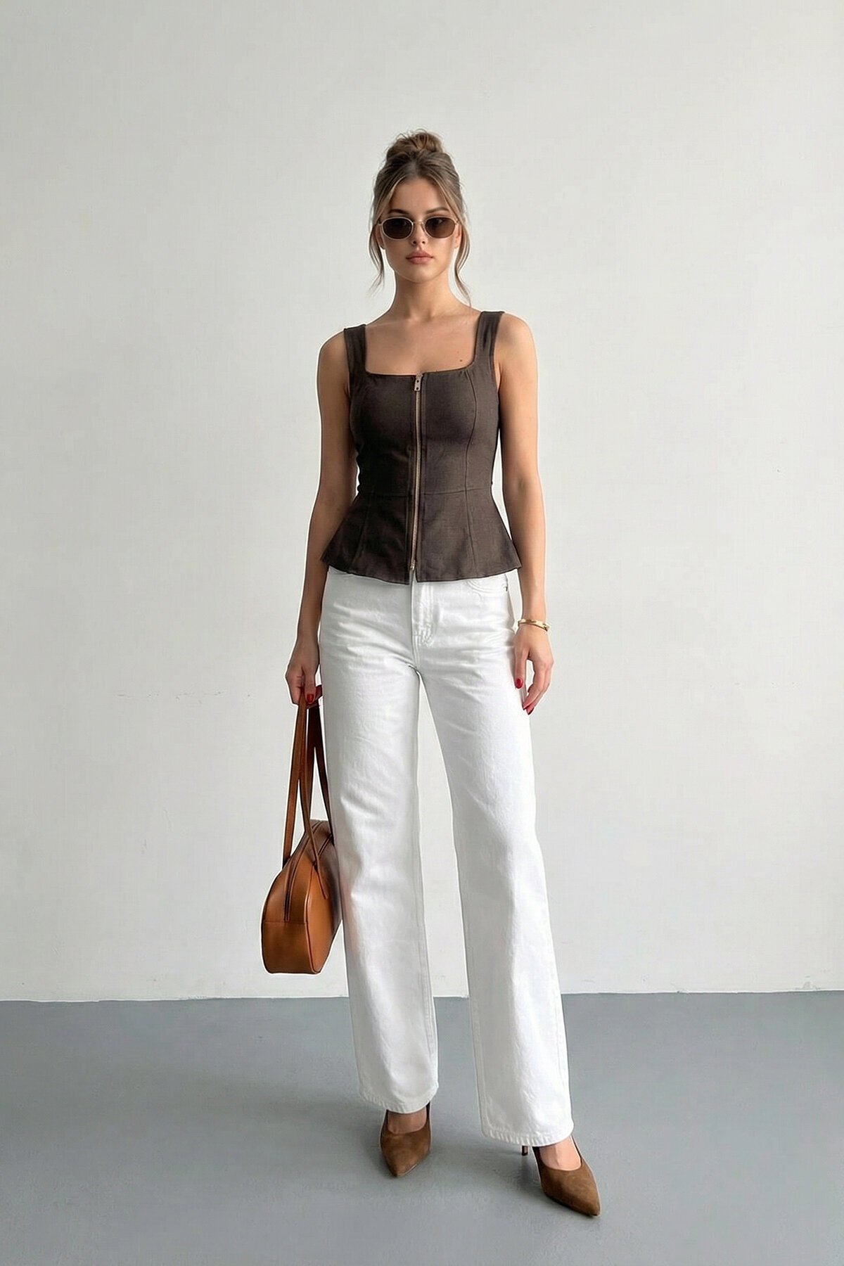 Kare Yaka Fermuarlı Denim Bluz