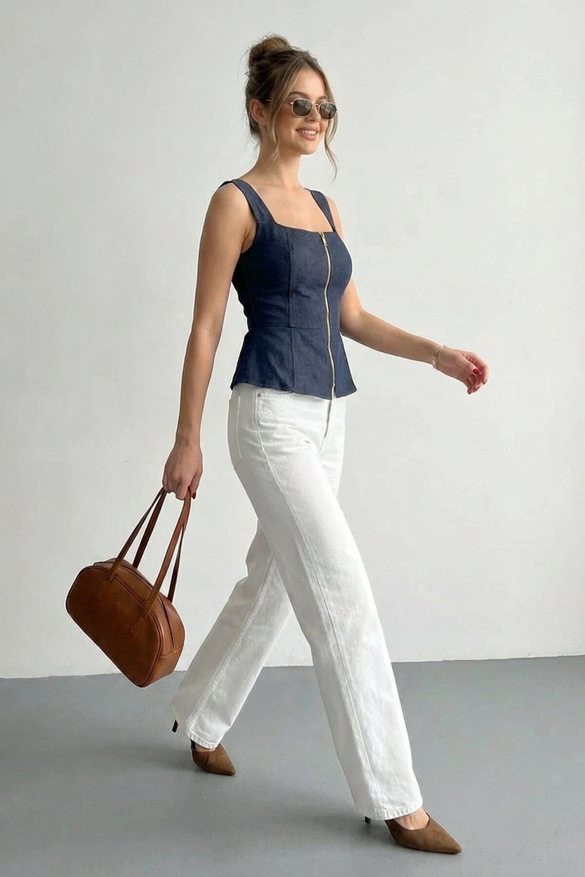 Kare Yaka Fermuarlı Denim Bluz