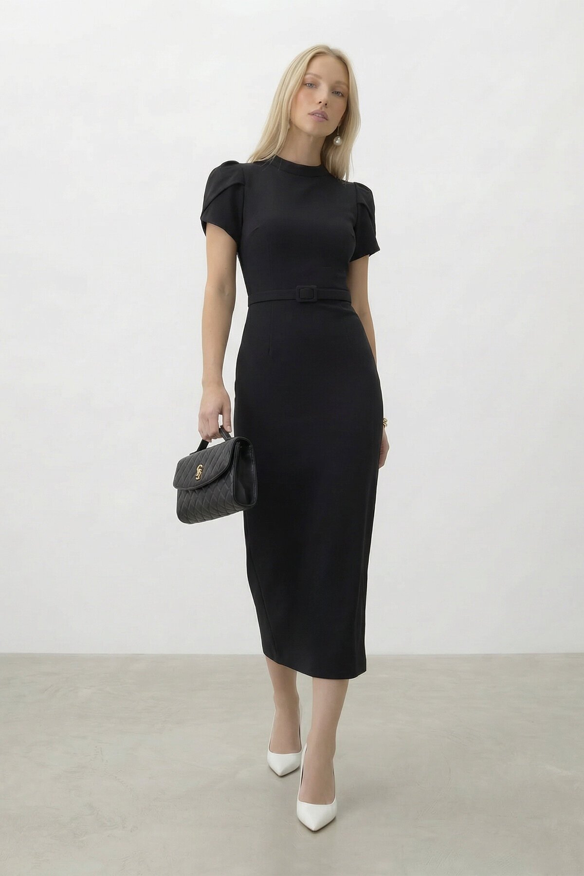 Kemer Detaylı Kalem Midi Elbise