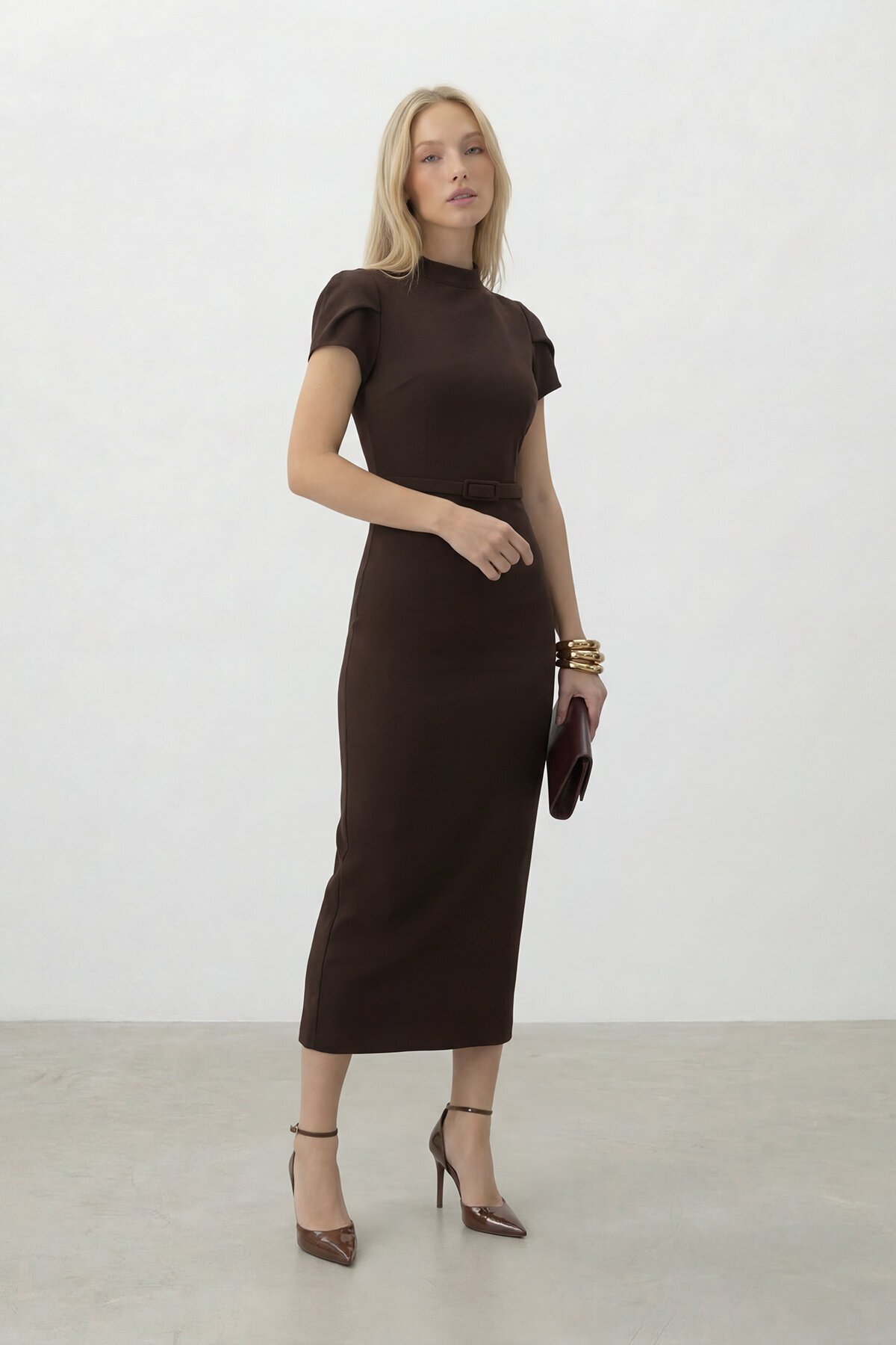 Kemer Detaylı Kalem Midi Elbise