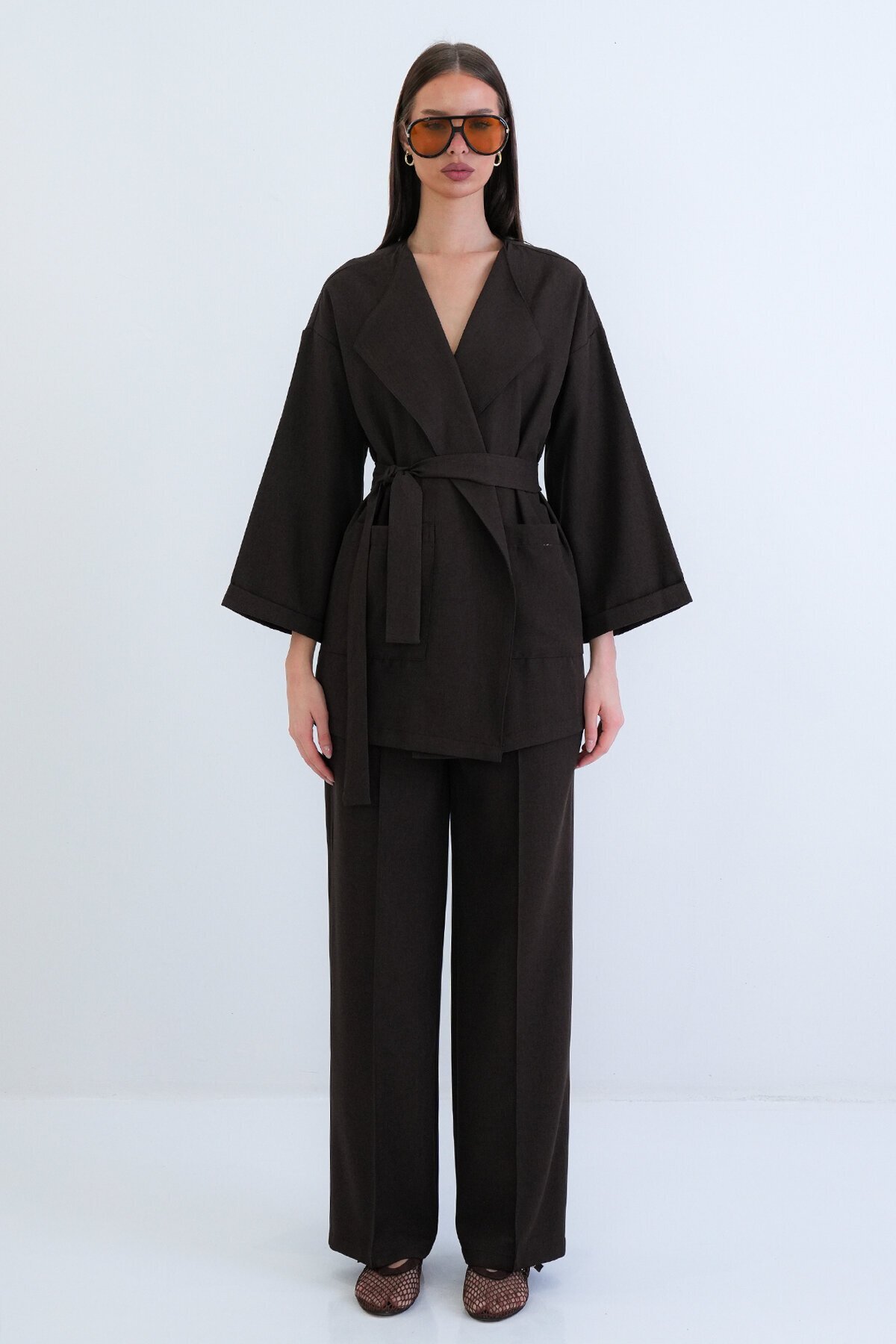 Kemerli Blazer Ceket Ve Yüksek Bel Pantolon Takım