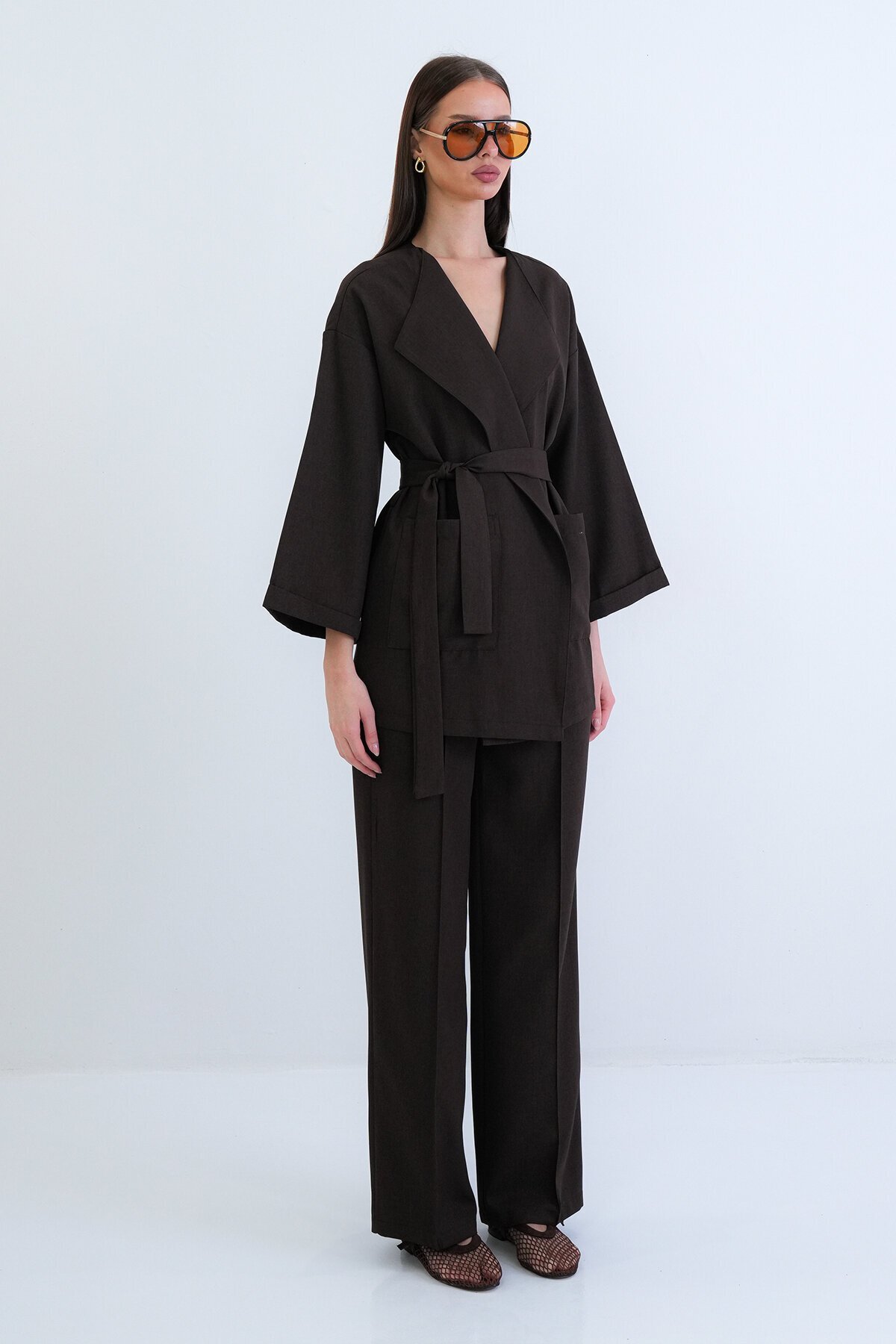 Kemerli Blazer Ceket Ve Yüksek Bel Pantolon Takım