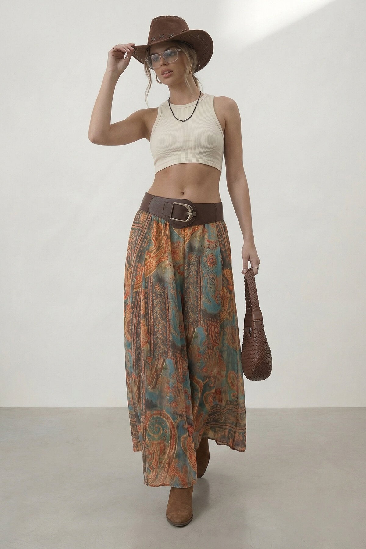 Kemerli Desenli Yüksek Bel Maxi Etek