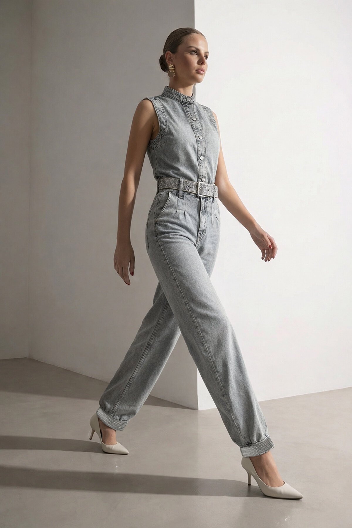 Kemerli Kolsuz Denim  Yelek Ve Jogger Denim Pantolon Takım