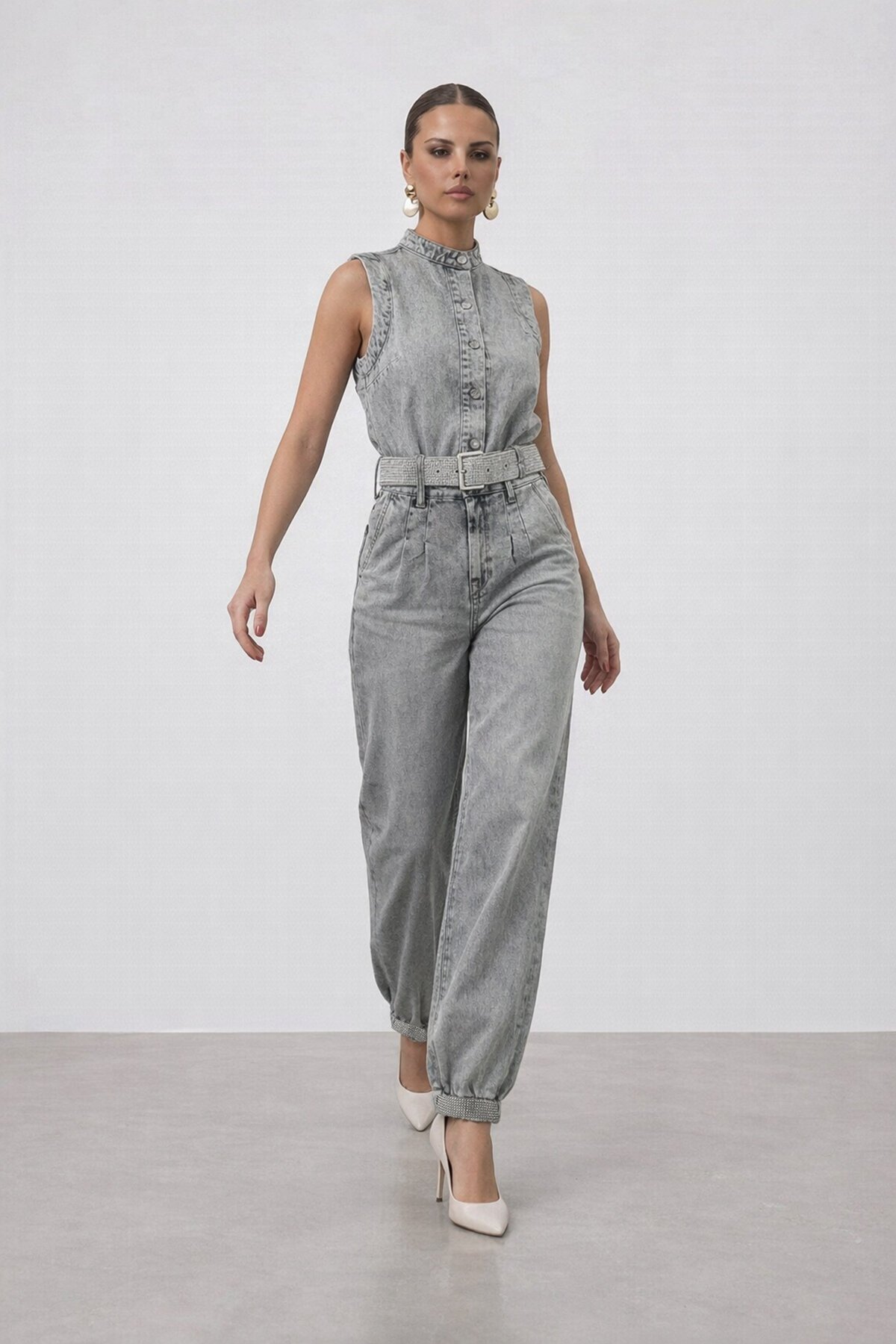 Kemerli Kolsuz Denim  Yelek Ve Jogger Denim Pantolon Takım