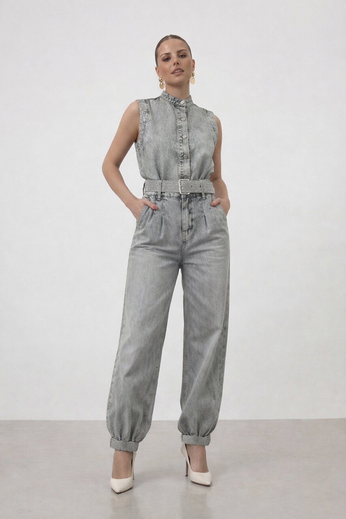 Kemerli Kolsuz Denim  Yelek Ve Jogger Denim Pantolon Takım