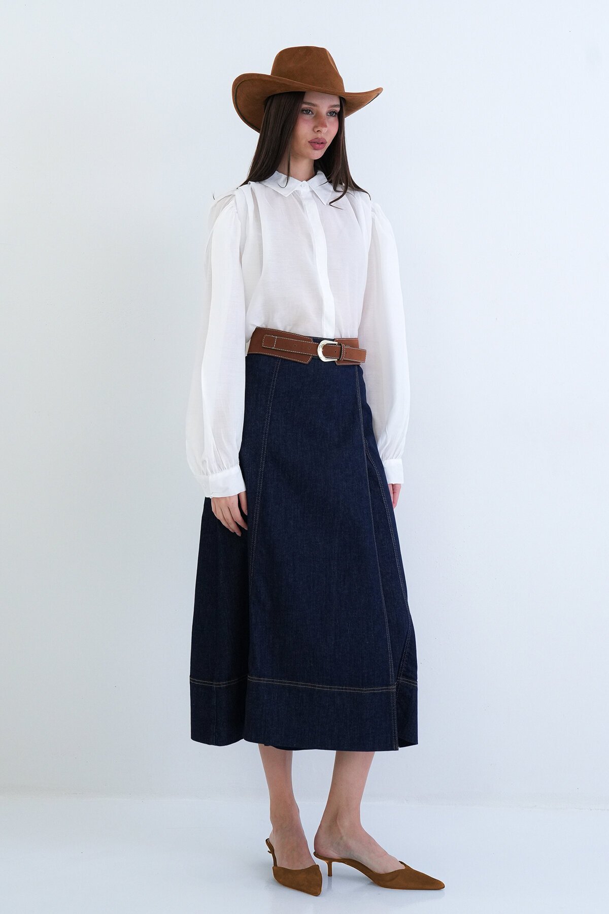 Kemerli Uzun Denim Etek