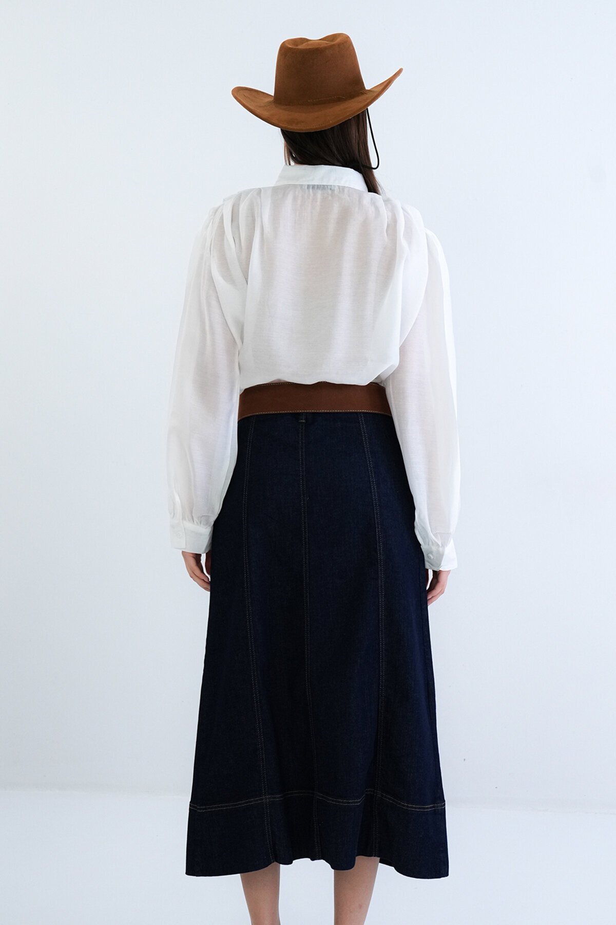 Kemerli Uzun Denim Etek