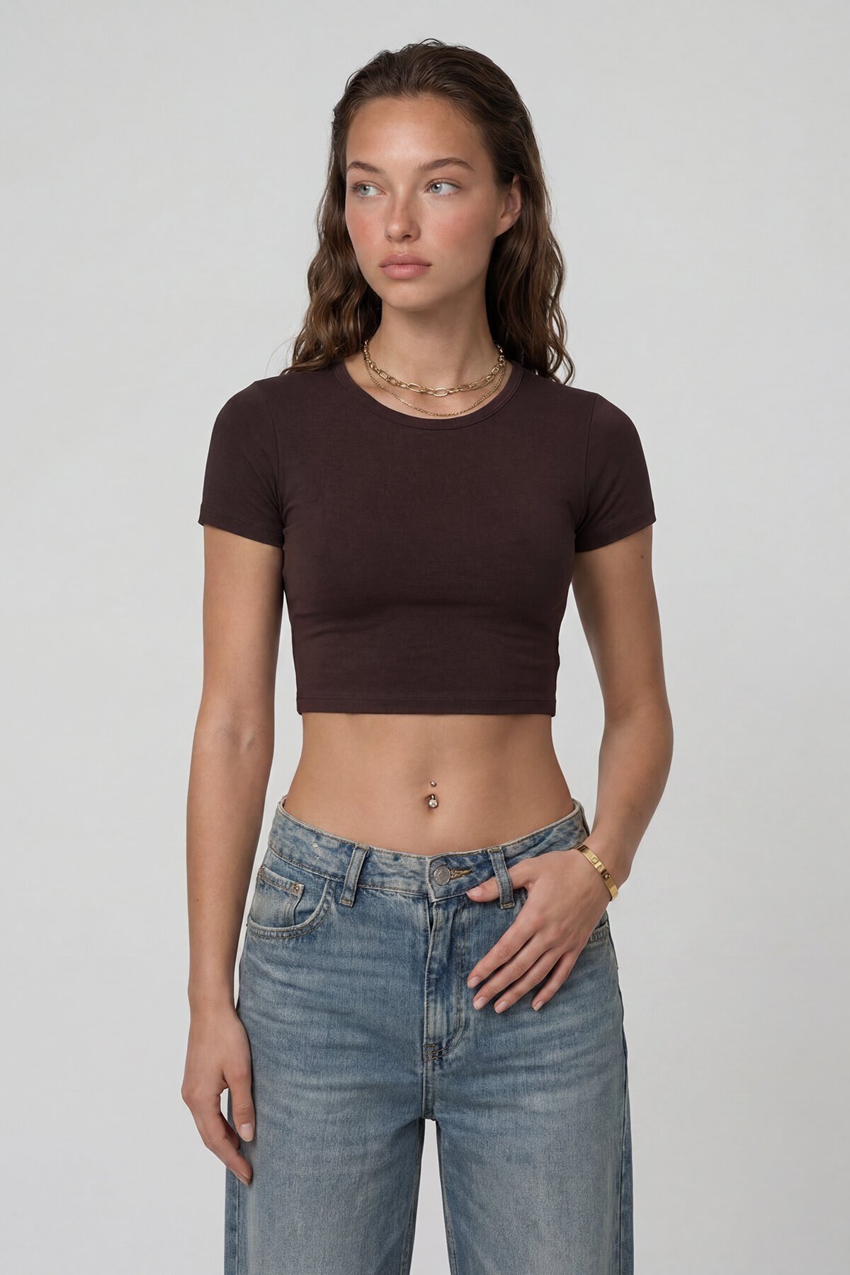 Kısa Kol Bisiklet Yaka Crop Bluz