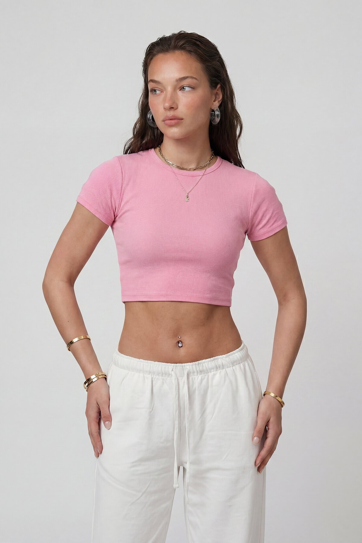 Kısa Kol Bisiklet Yaka Crop Bluz