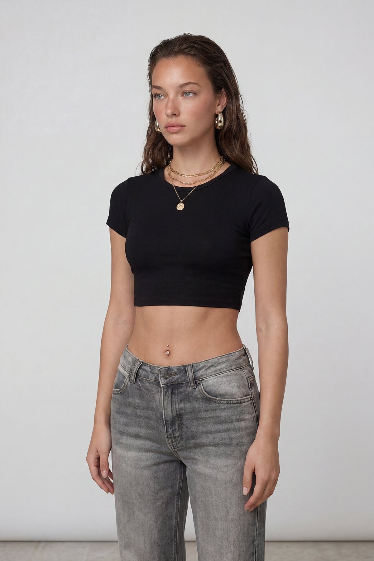 Kısa Kol Bisiklet Yaka Crop Bluz