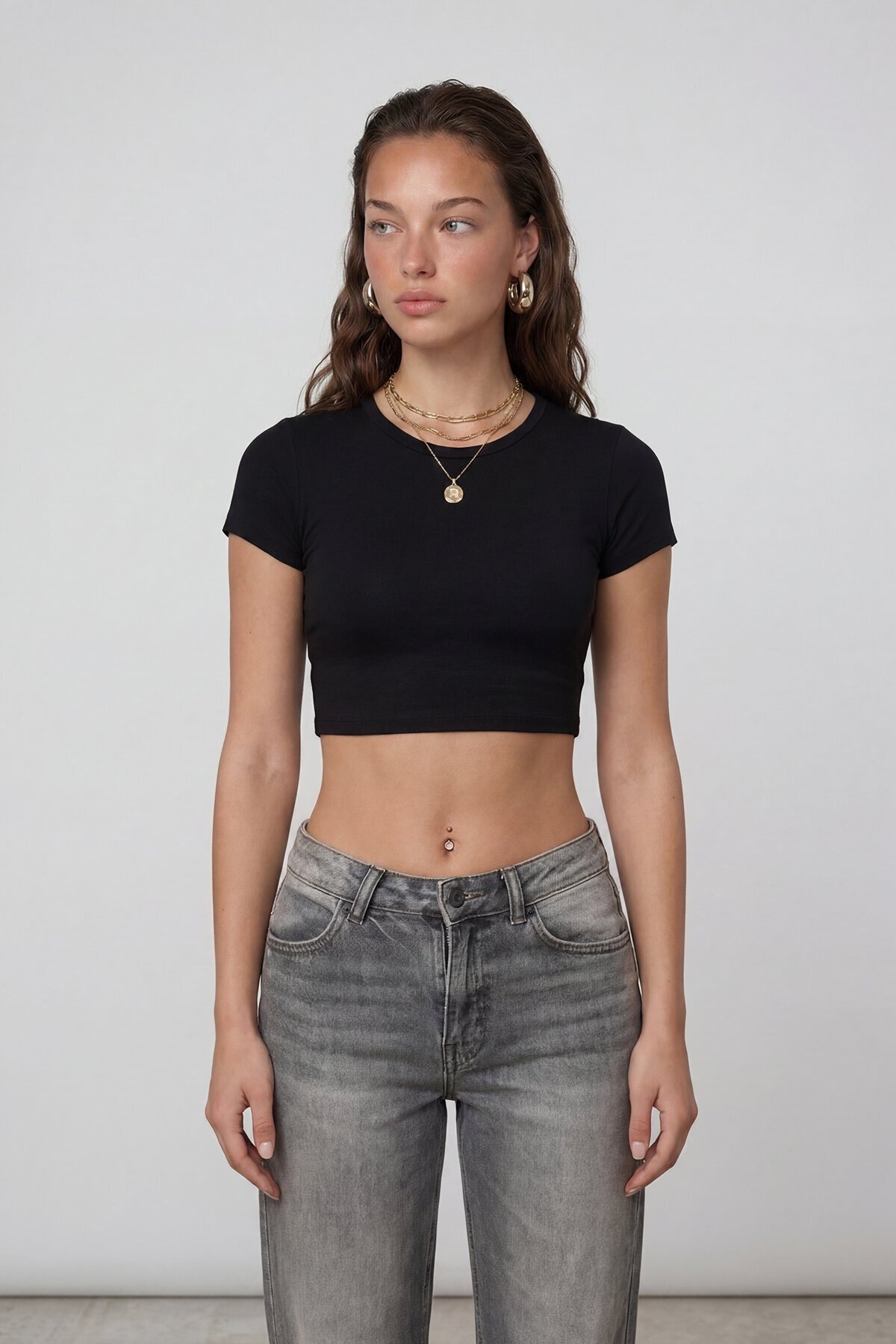 Kısa Kol Bisiklet Yaka Crop Bluz