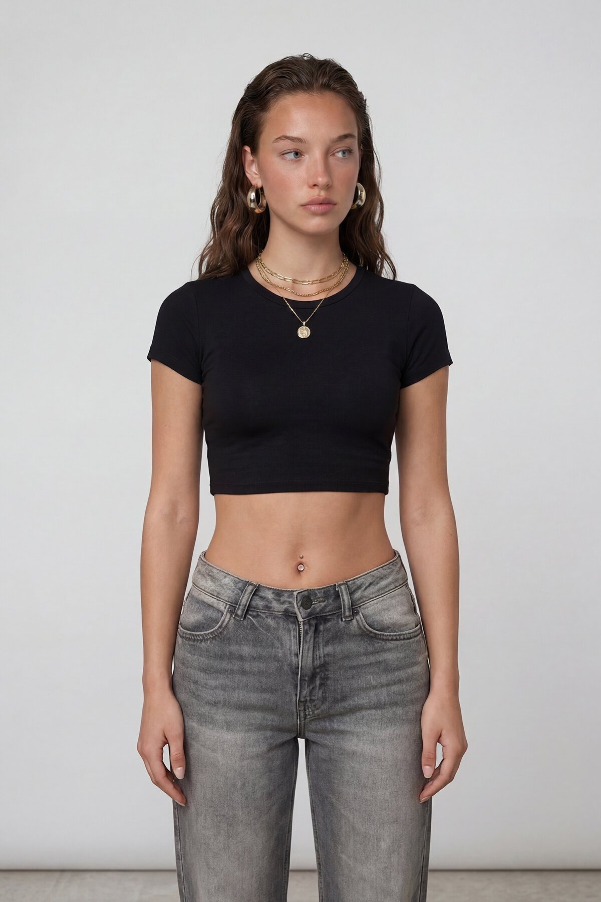 Kısa Kol Bisiklet Yaka Crop Bluz