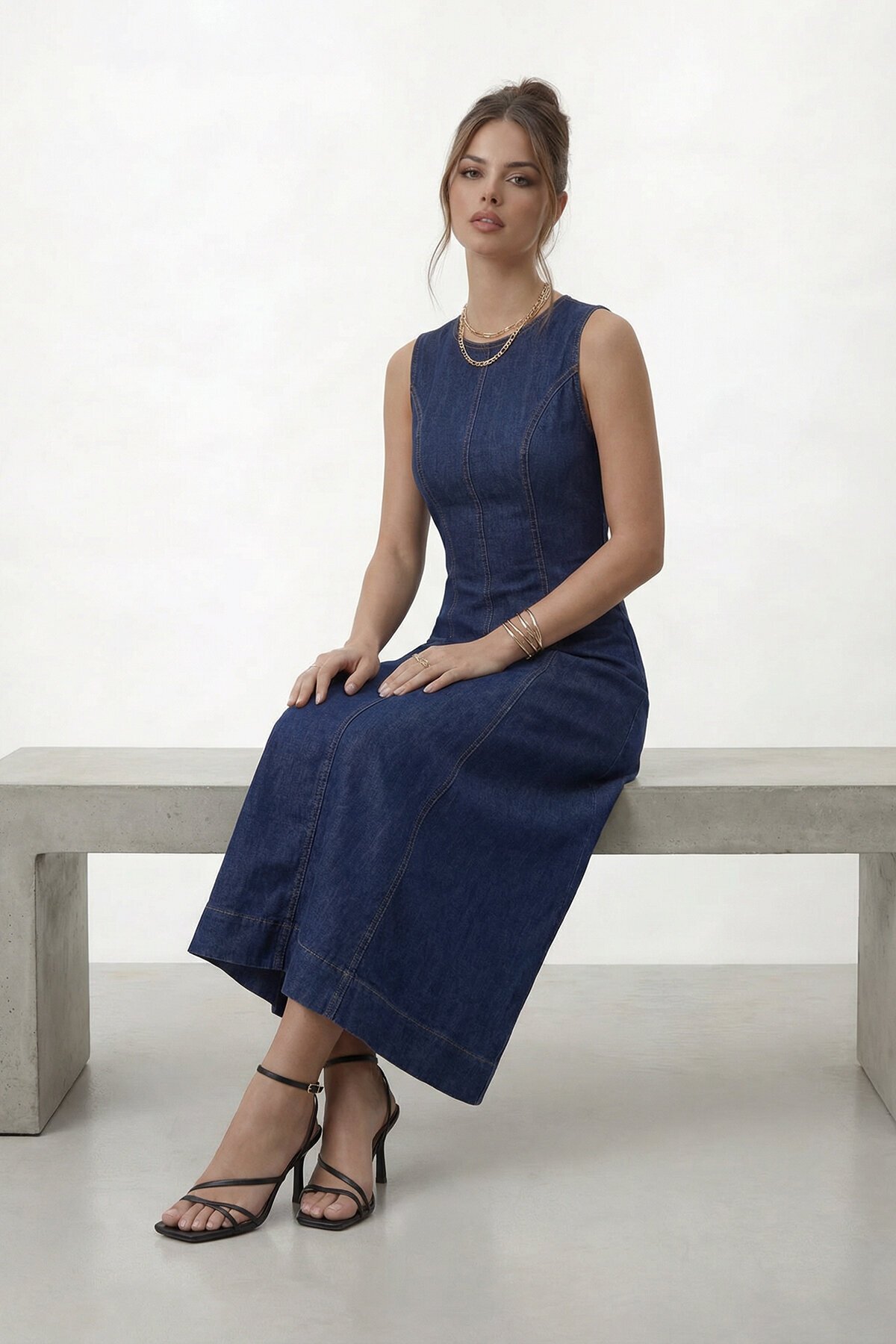 Kolsuz A Kesim Midi Denim Elbise