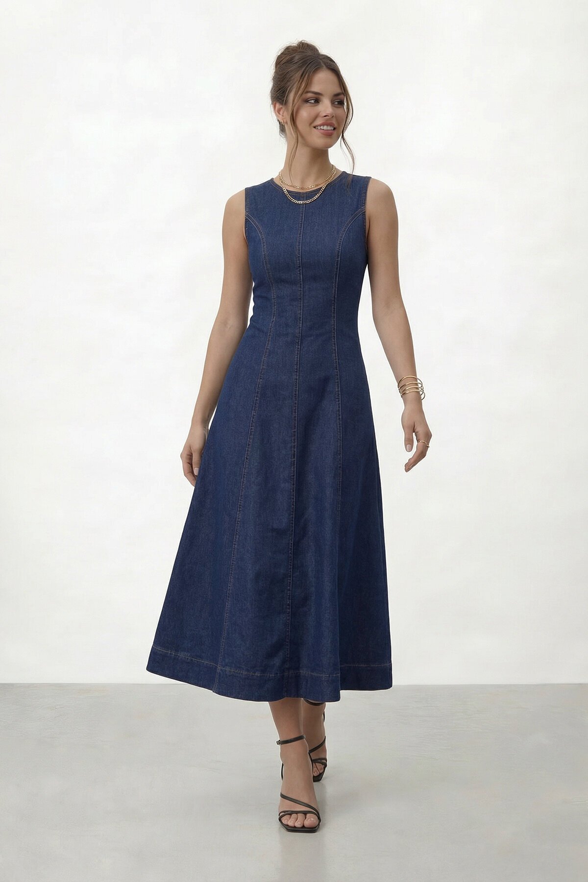 Kolsuz A Kesim Midi Denim Elbise