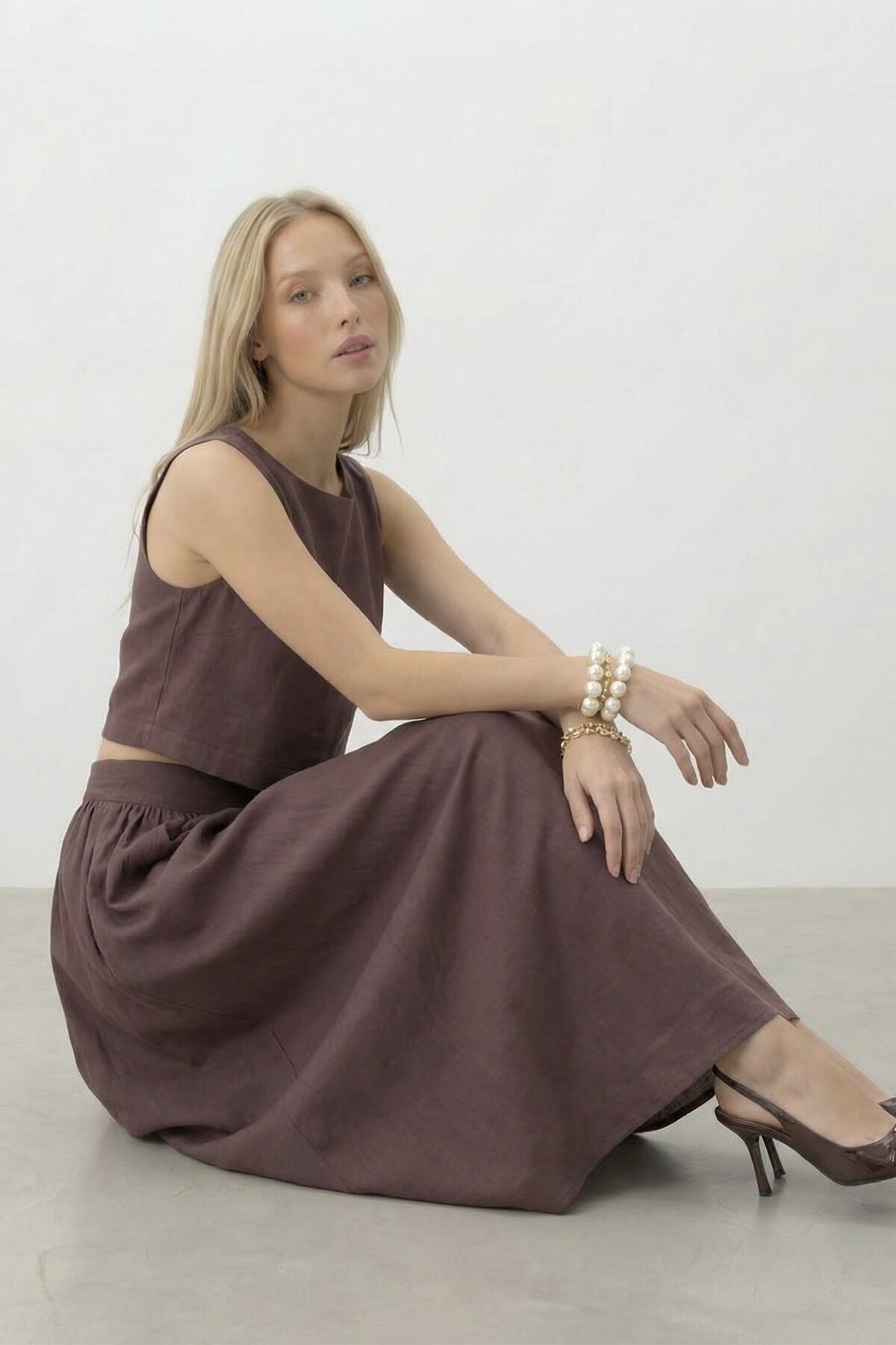 Kolsuz Crop Bluz Ve Uzun Etek Takım