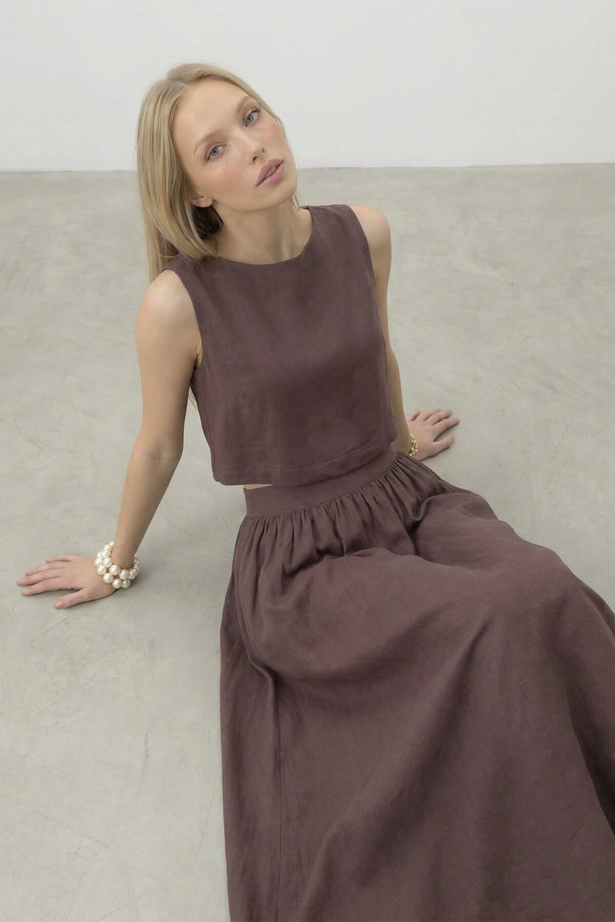 Kolsuz Crop Bluz Ve Uzun Etek Takım