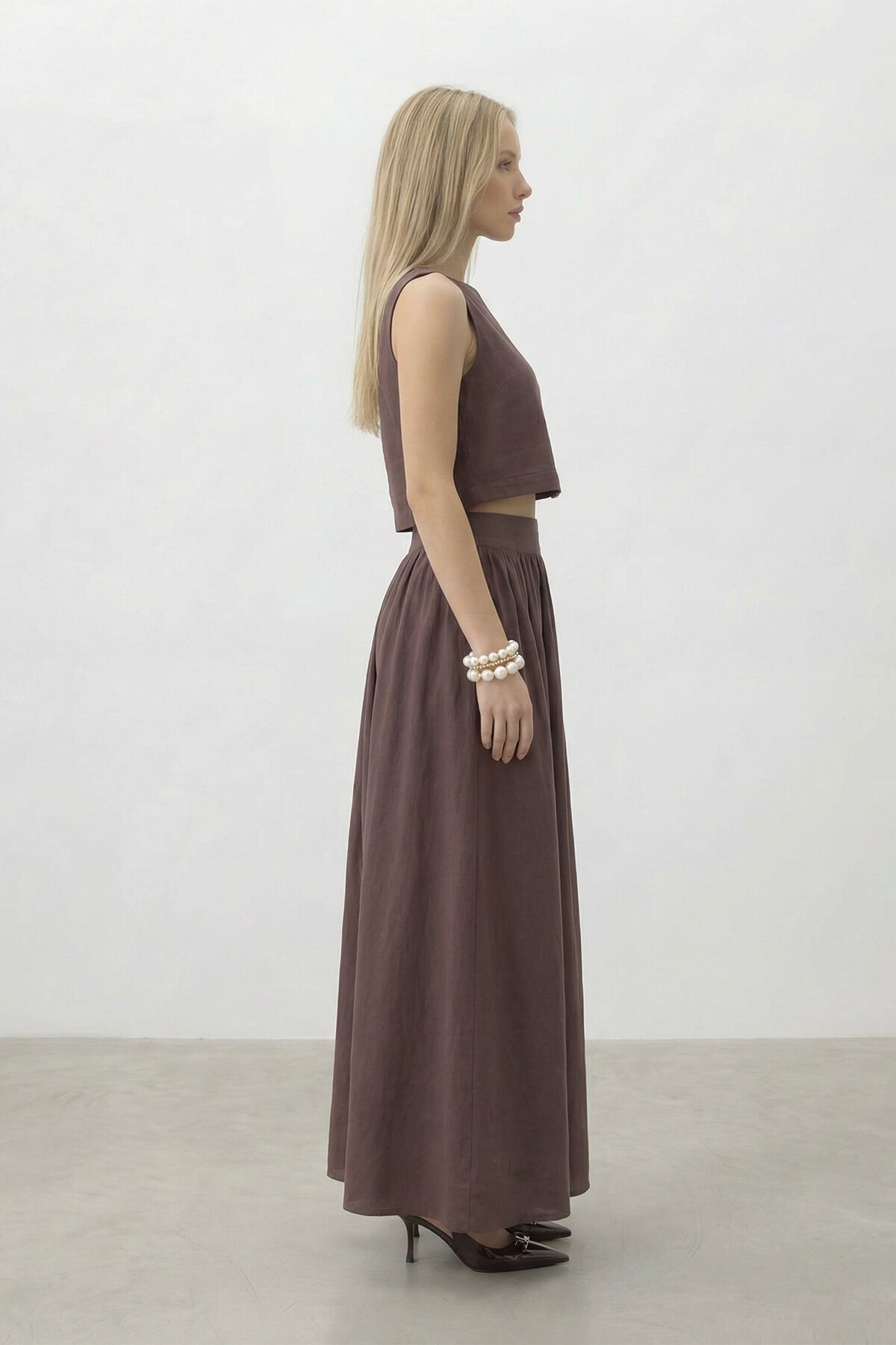 Kolsuz Crop Bluz Ve Uzun Etek Takım