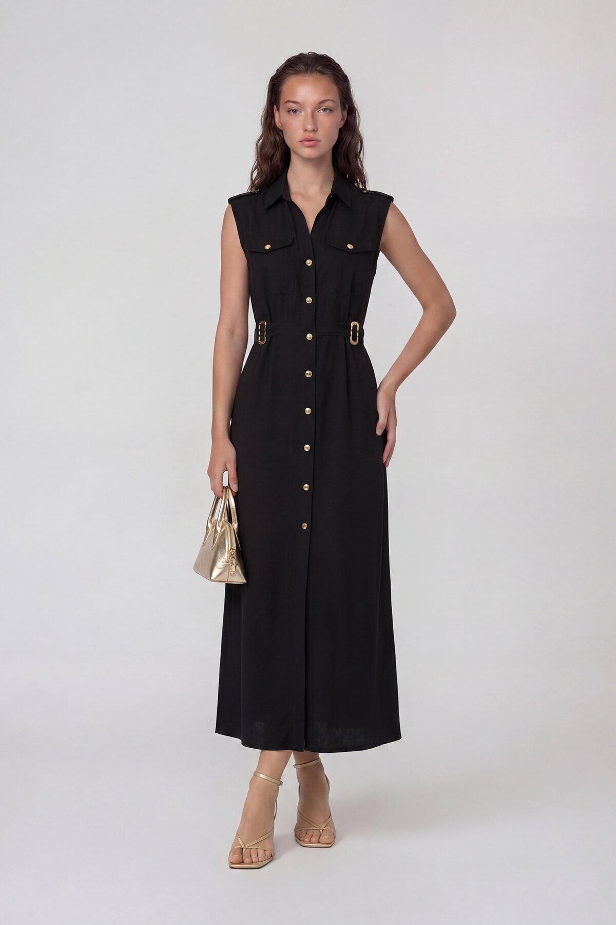 Kolsuz Gömlek Yaka Düğme Ve Kemer Detaylı Midi Elbise