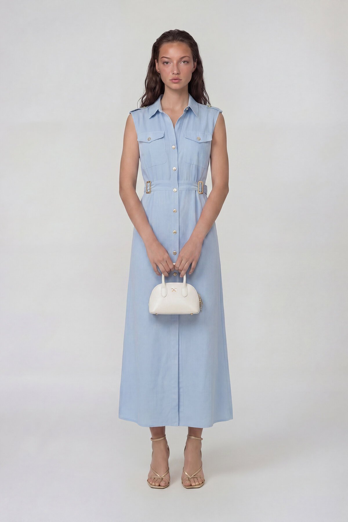 Kolsuz Gömlek Yaka Düğme Ve Kemer Detaylı Midi Elbise