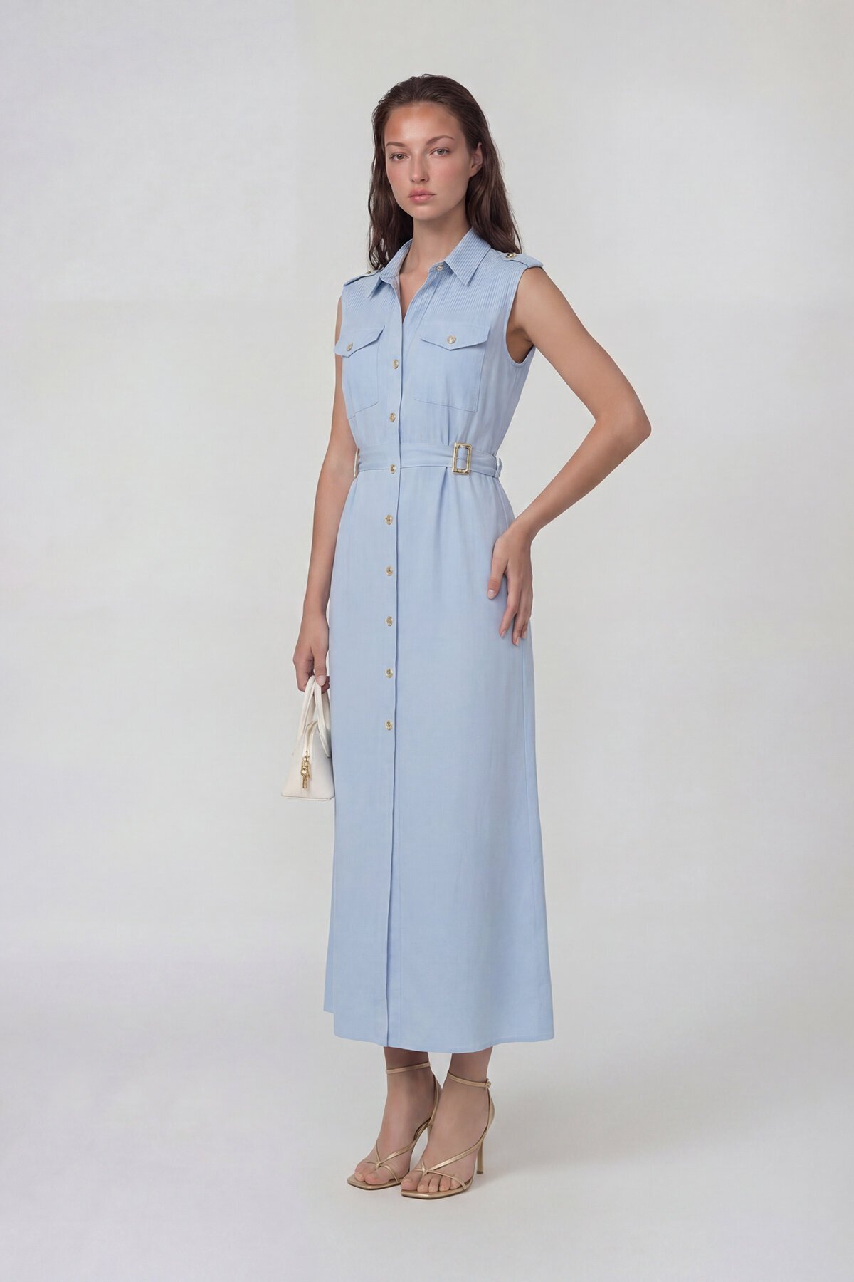 Kolsuz Gömlek Yaka Düğme Ve Kemer Detaylı Midi Elbise