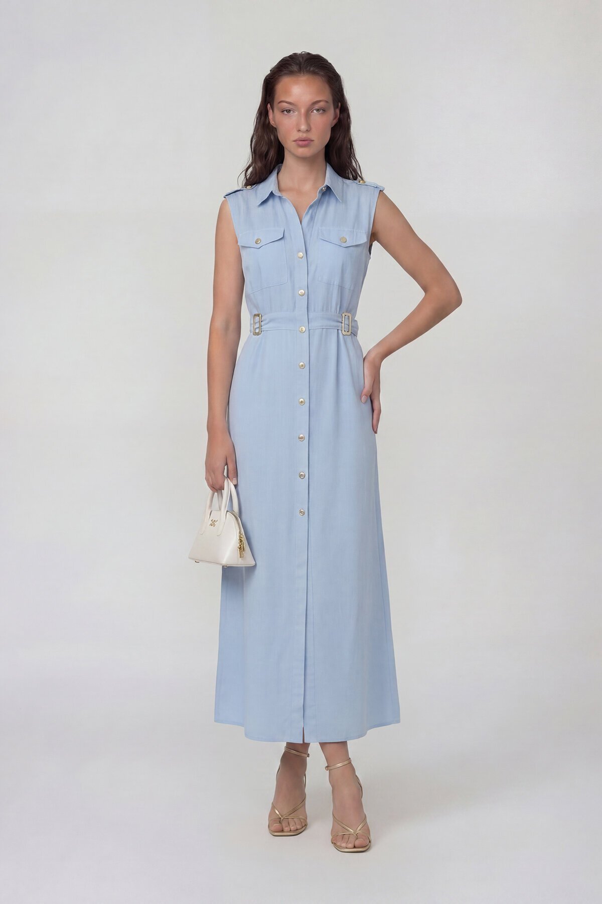 Kolsuz Gömlek Yaka Düğme Ve Kemer Detaylı Midi Elbise