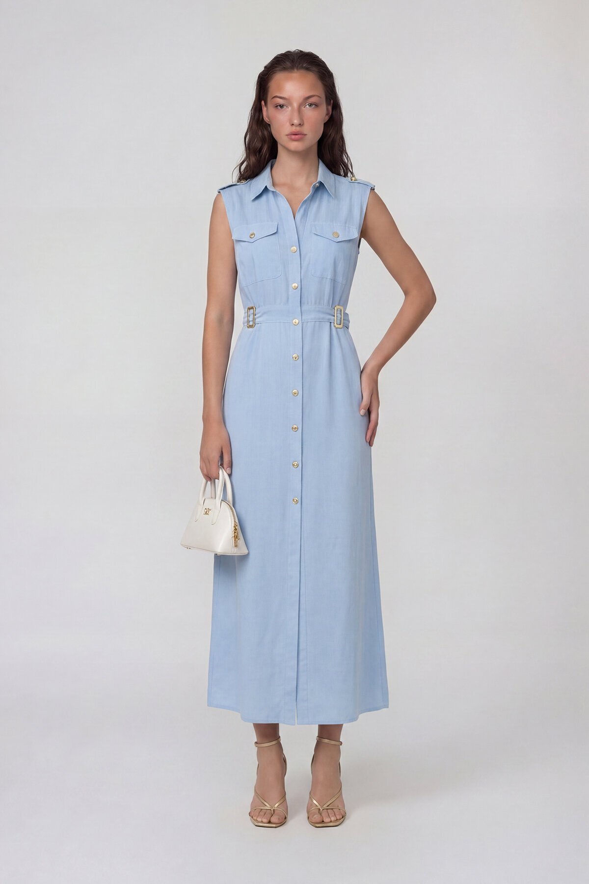 Kolsuz Gömlek Yaka Düğme Ve Kemer Detaylı Midi Elbise